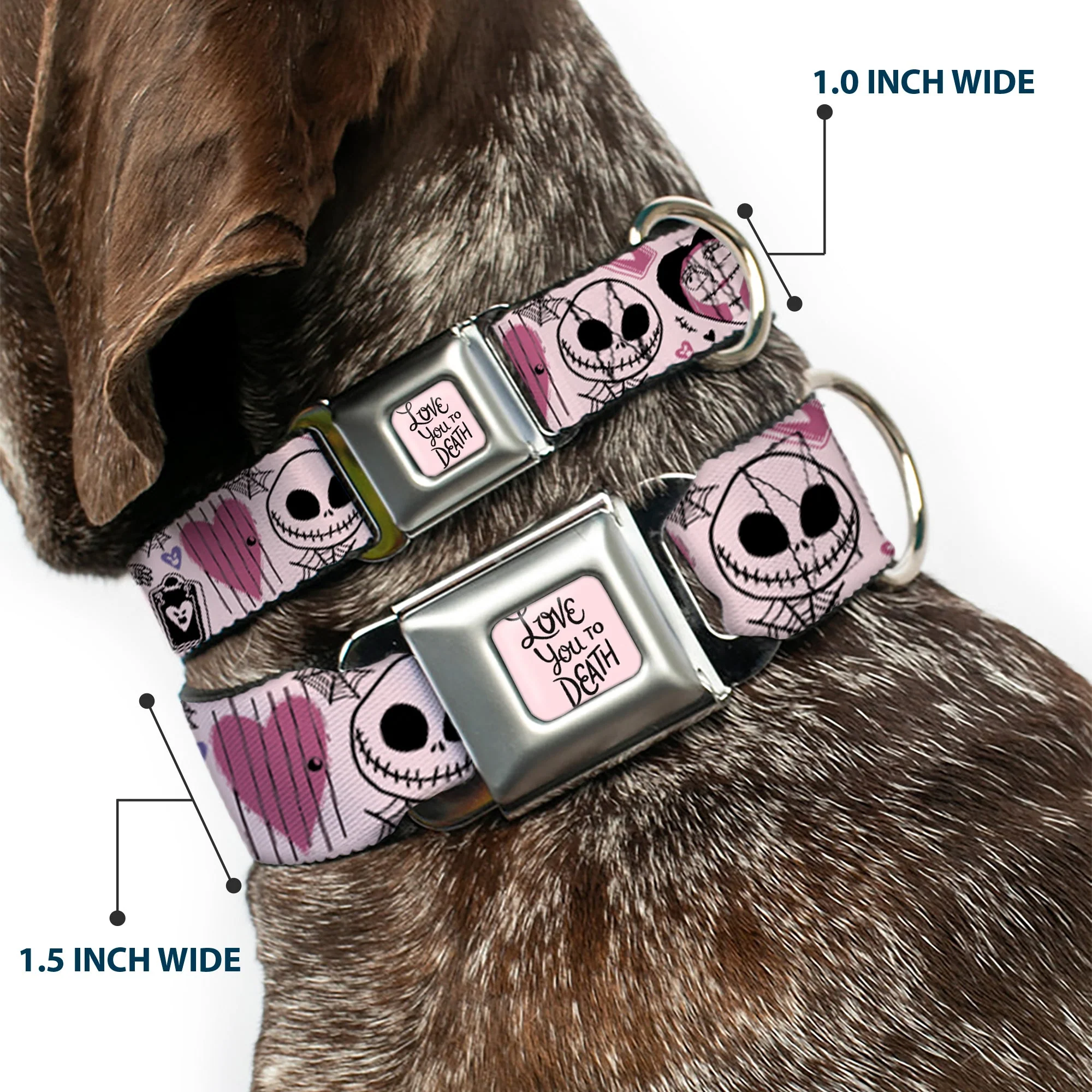 The Nightmare Before Christmas LOVE YOU TO DEATH Full Color Pink/Black Seatbelt Buckle Collar - The Nightmare Before Christmas Jack and Sally Doodles Pinks/Black - Image 2