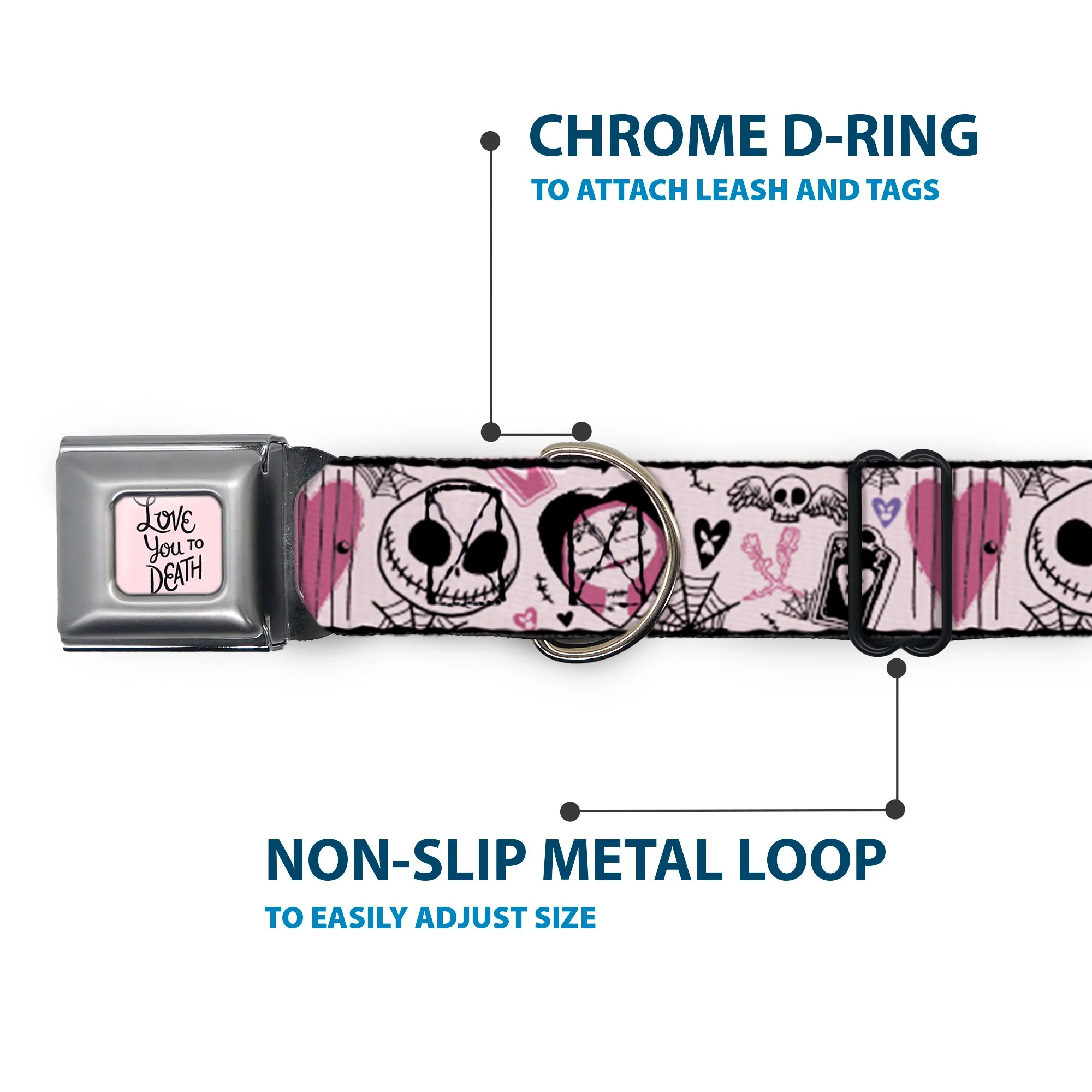 The Nightmare Before Christmas LOVE YOU TO DEATH Full Color Pink/Black Seatbelt Buckle Collar - The Nightmare Before Christmas Jack and Sally Doodles Pinks/Black - Image 5
