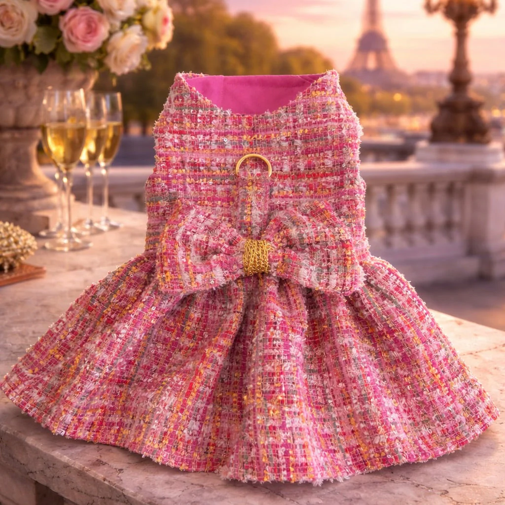 The Paris Pink Tweed Couture Dog Harness Dress - Image 2
