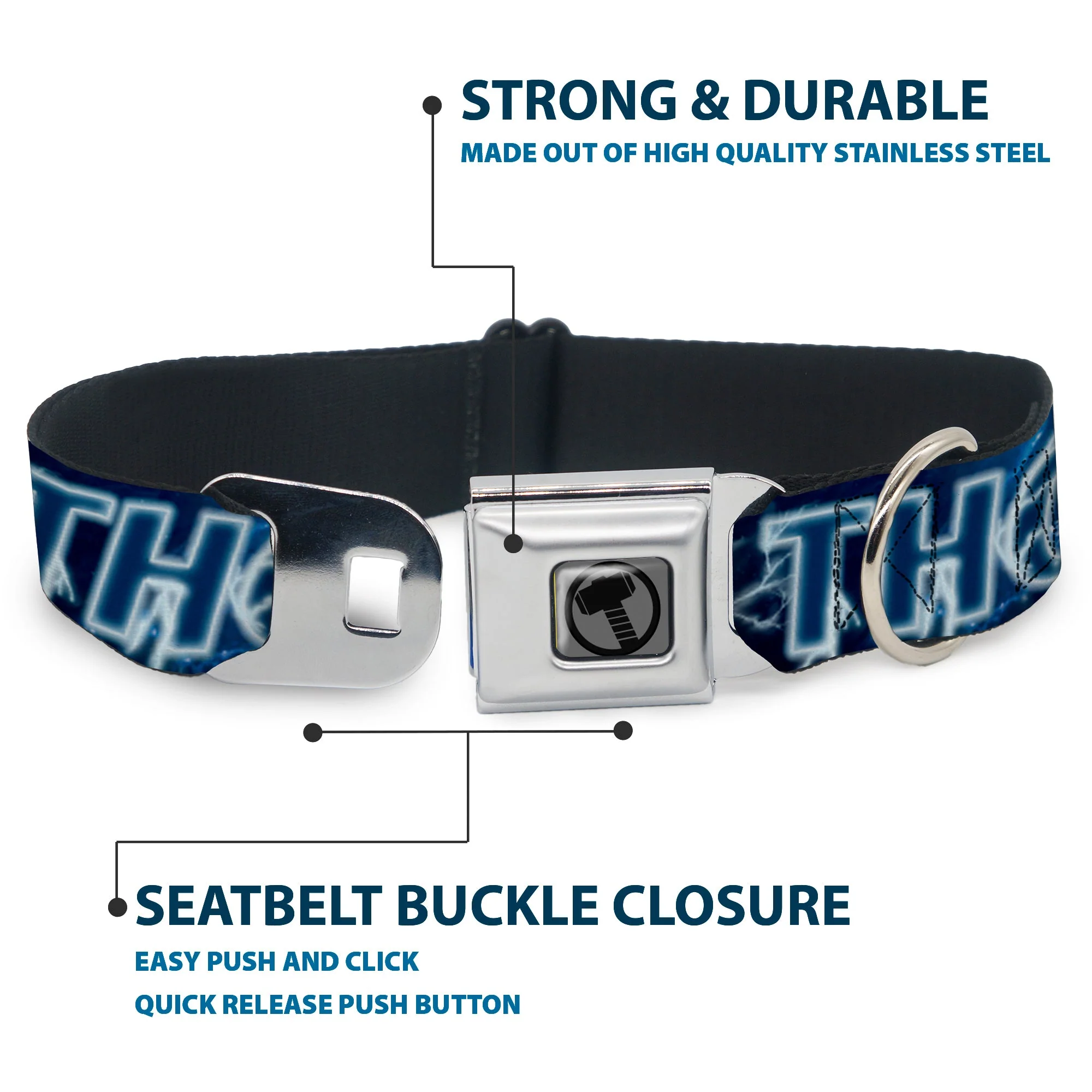 Thor Avengers Icon Silver/Black Seatbelt Buckle Collar - Avengers THOR Hammer/Action Pose Galaxy Blues/White - Image 4