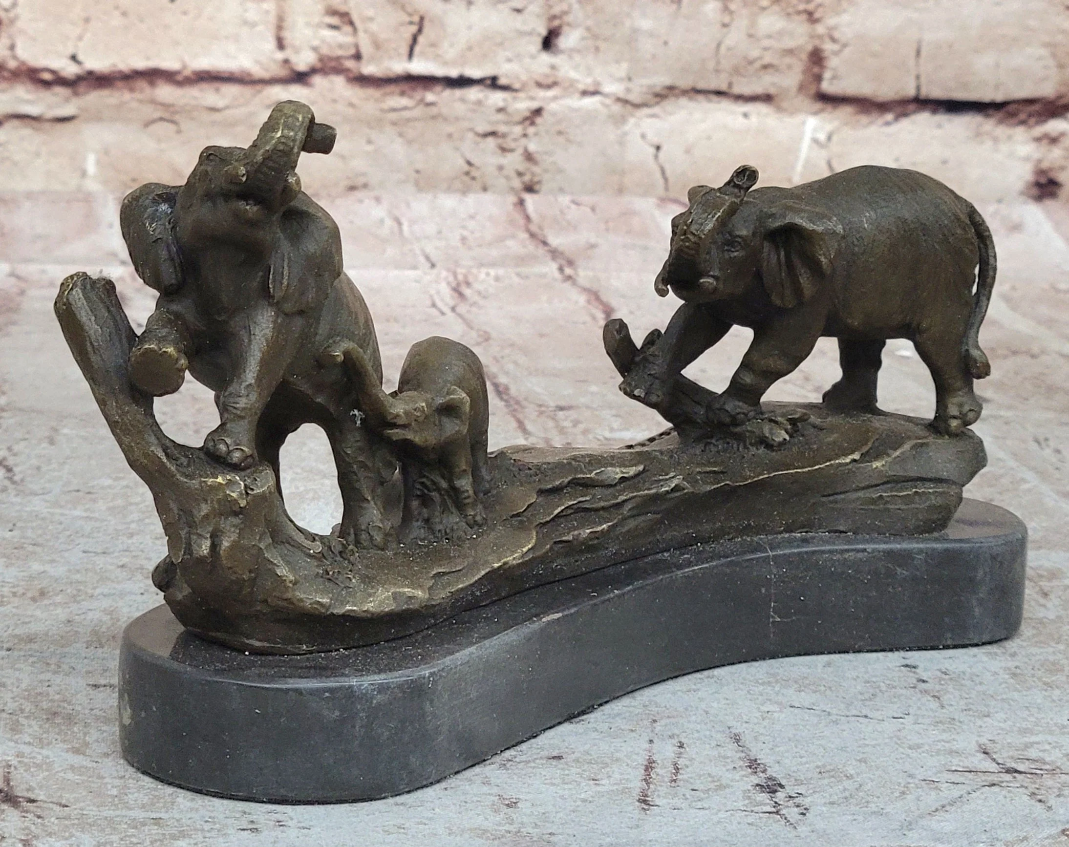 Three Elephants Family - Hot Cast Bronze Sculpture of African Wildlife on Marble Base - Image 3