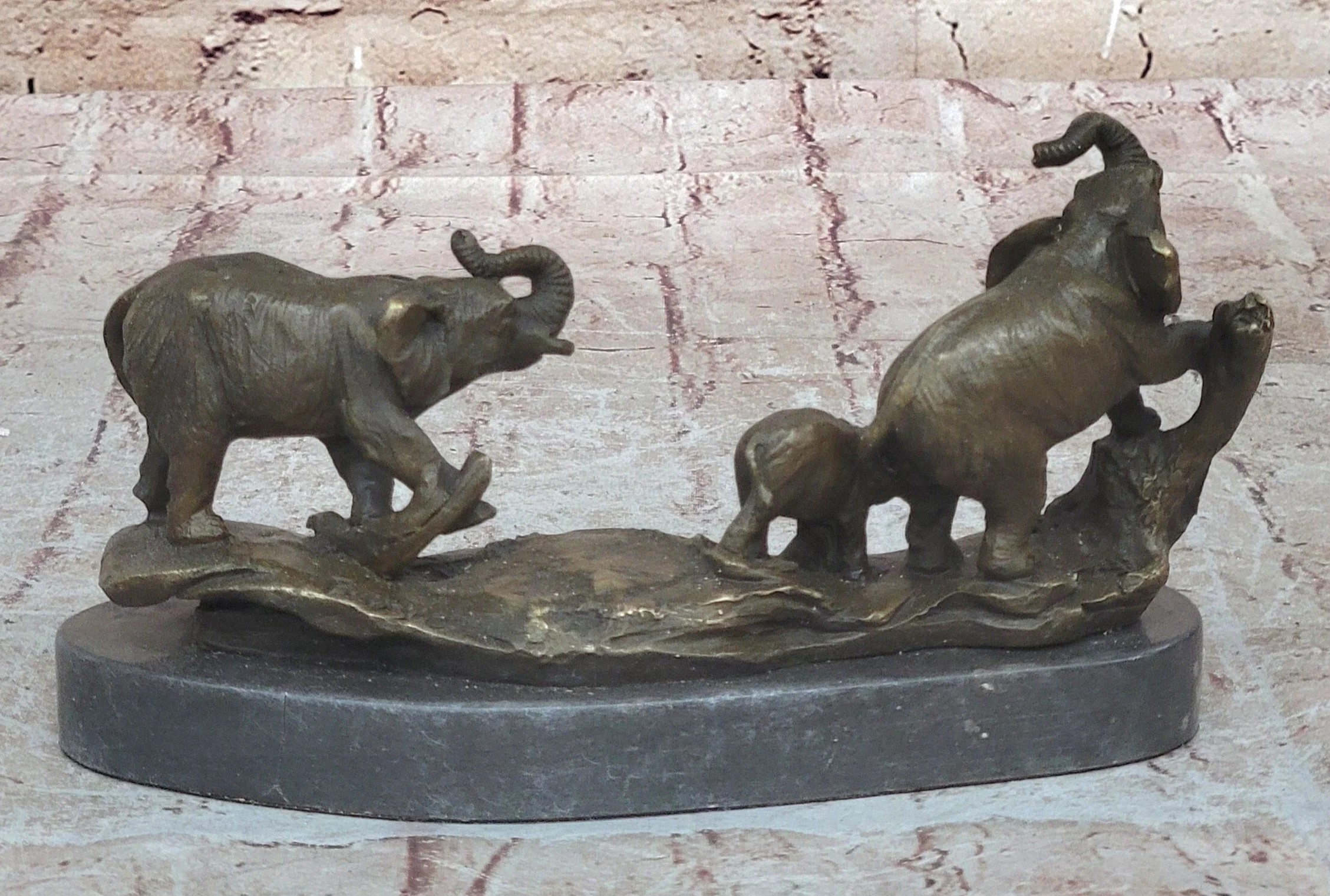 Three Elephants Family - Hot Cast Bronze Sculpture of African Wildlife on Marble Base - Image 4