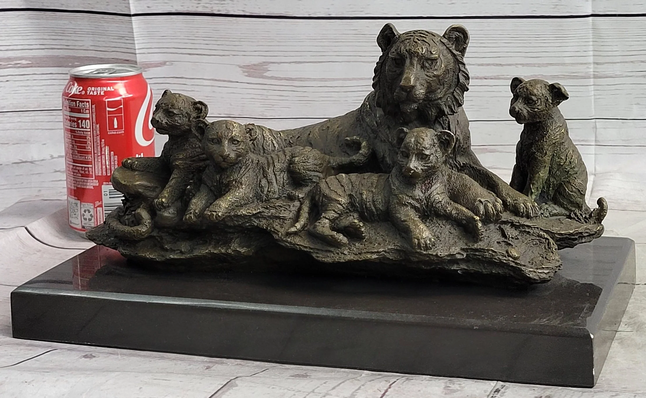 Tiger Family Cubs Asian Wildlife Bronze Sculpture Statue Figure Signed Art Marble Base - Image 2