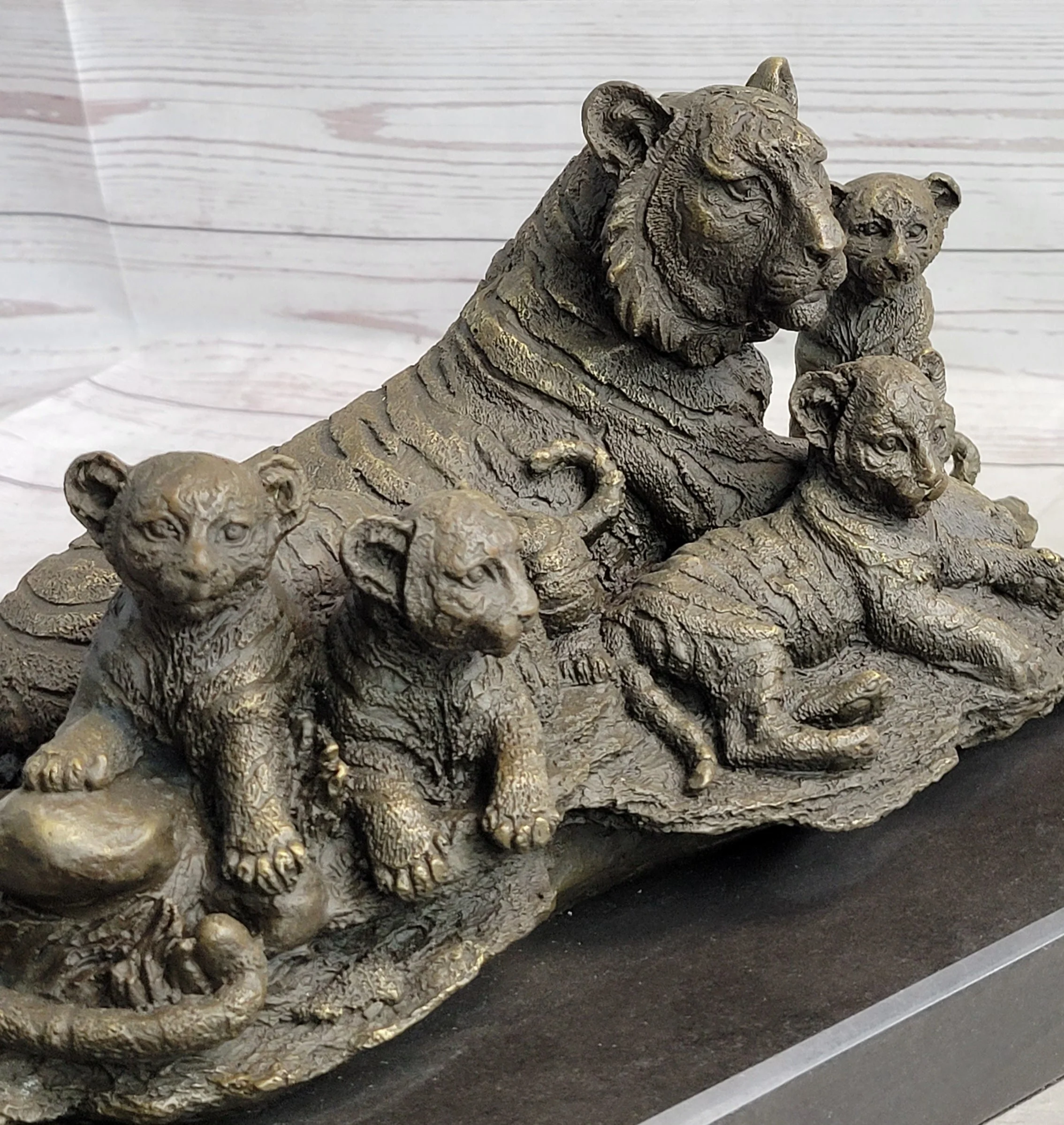 Tiger Family Cubs Asian Wildlife Bronze Sculpture Statue Figure Signed Art Marble Base - Image 8