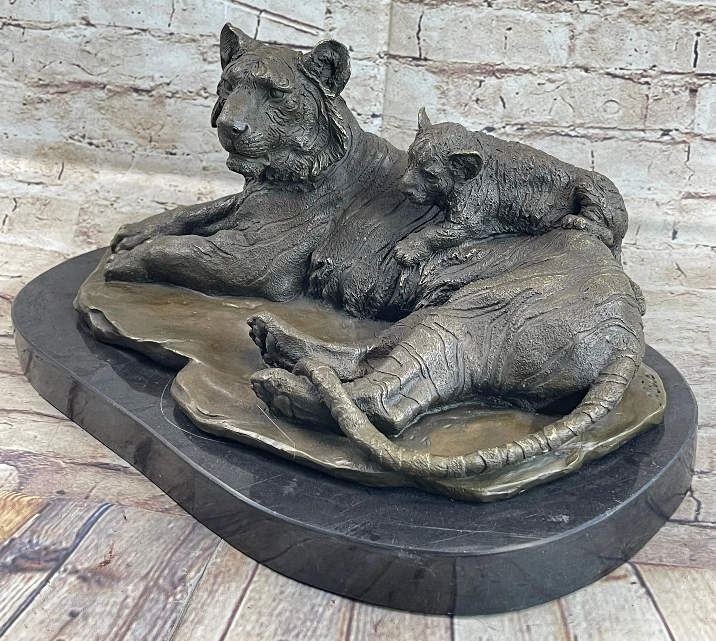 Tiger Family Mother & Cub Bronze Statue Sculpture Figure Marble Base Original Art 8" x 16" - Image 3