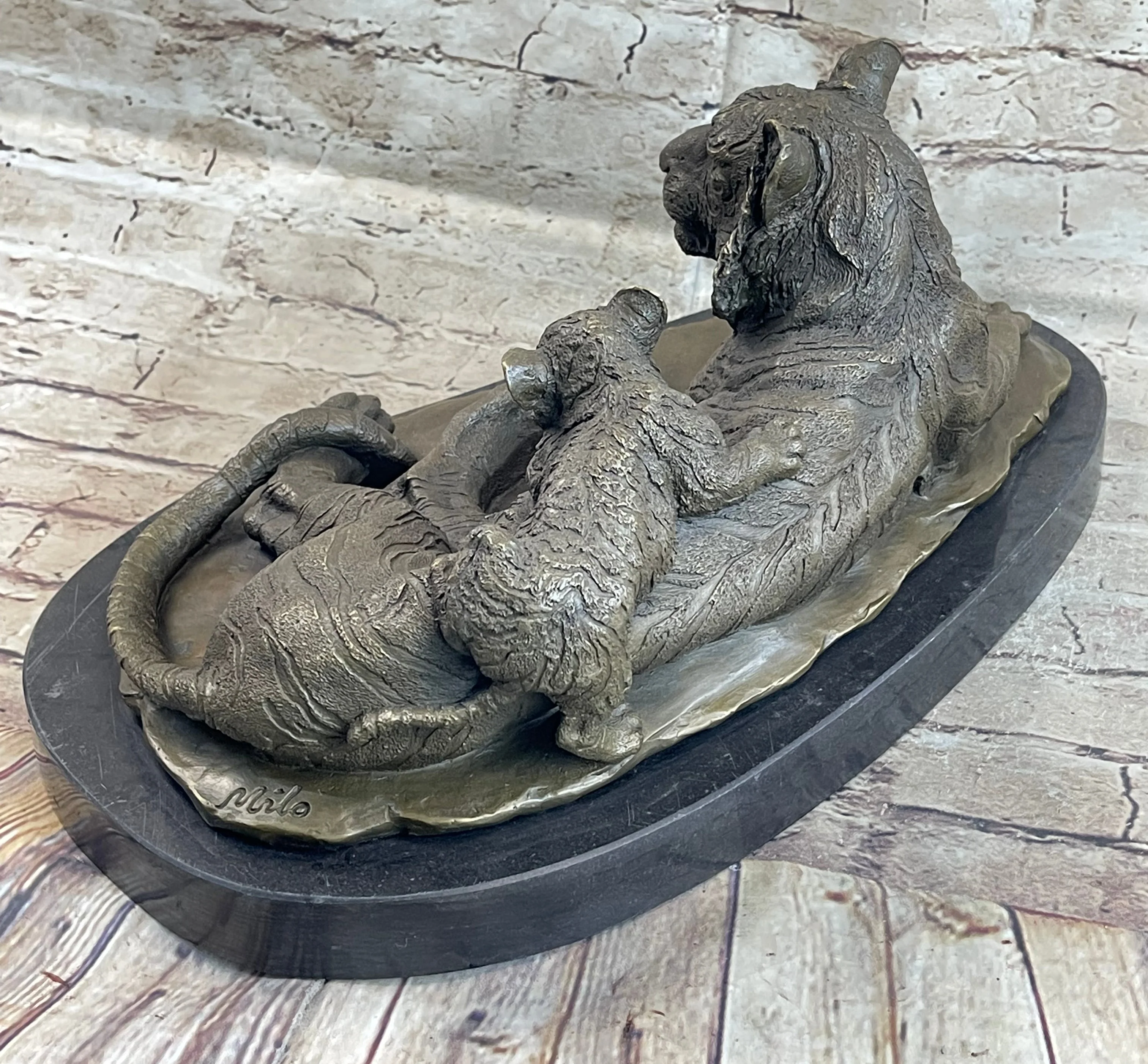 Tiger Family Mother & Cub Bronze Statue Sculpture Figure Marble Base Original Art 8" x 16" - Image 4
