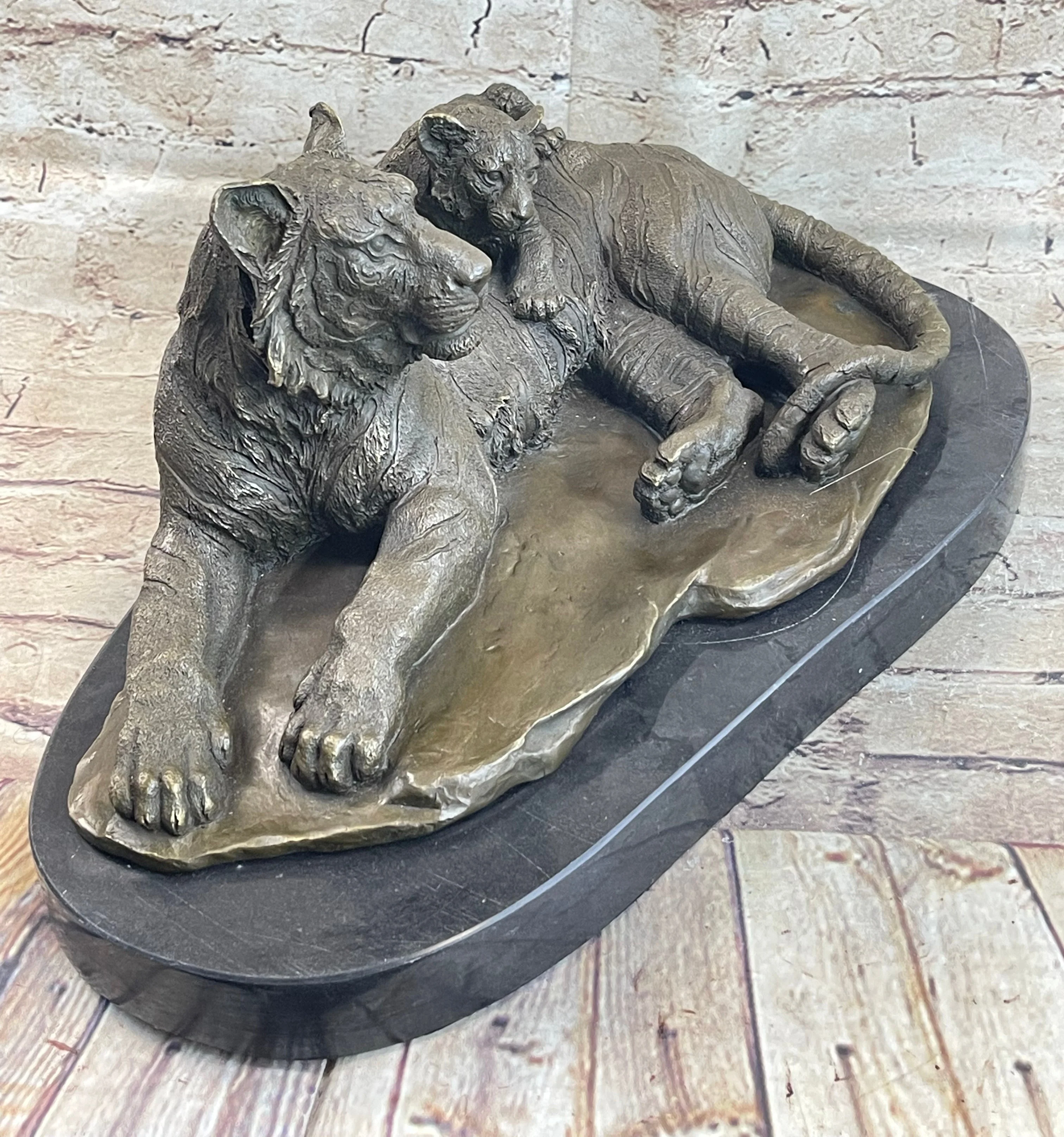 Tiger Family Mother & Cub Bronze Statue Sculpture Figure Marble Base Original Art 8" x 16" - Image 6