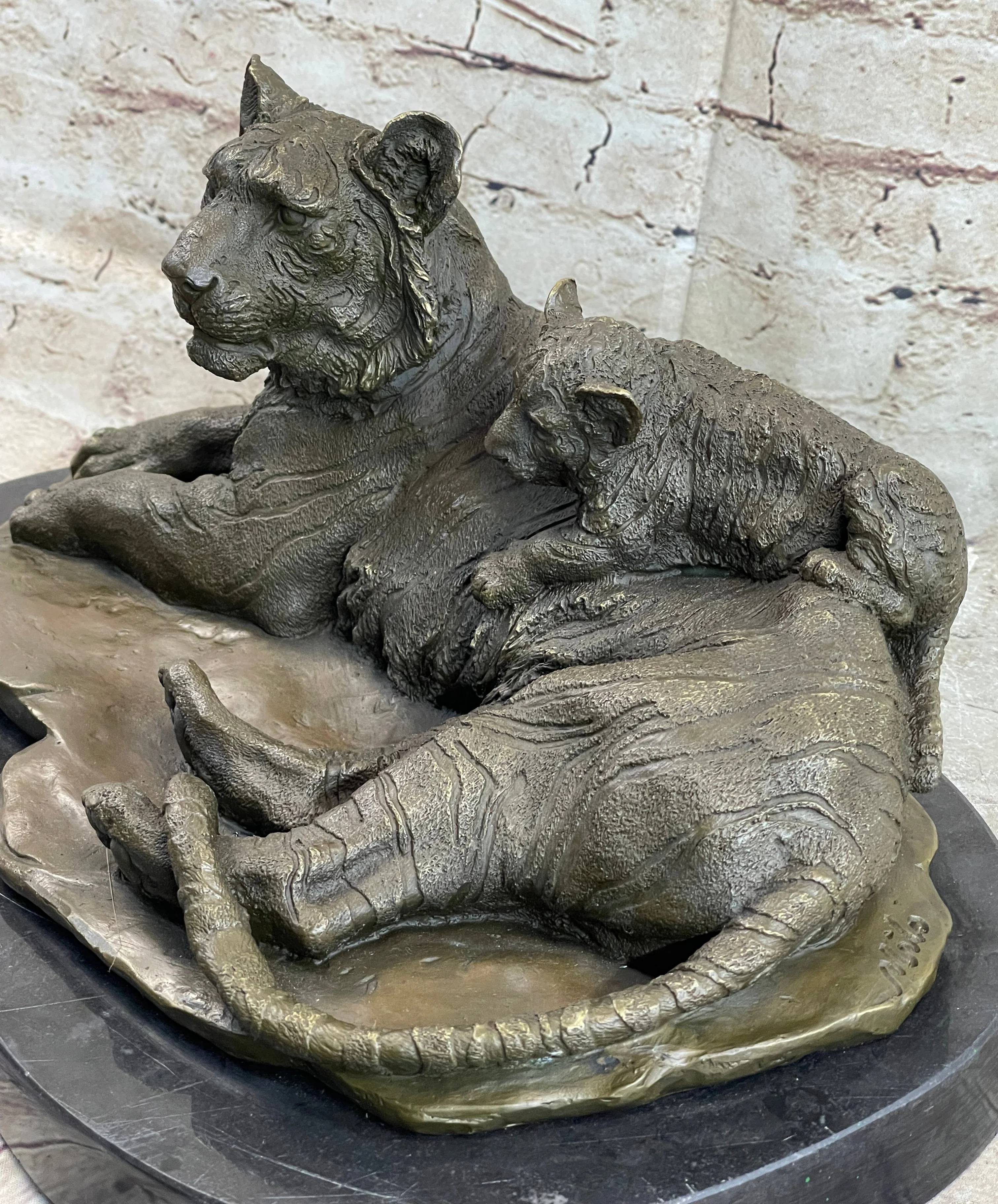 Tiger Family Mother & Cub Bronze Statue Sculpture Figure Marble Base Original Art 8" x 16" - Image 7