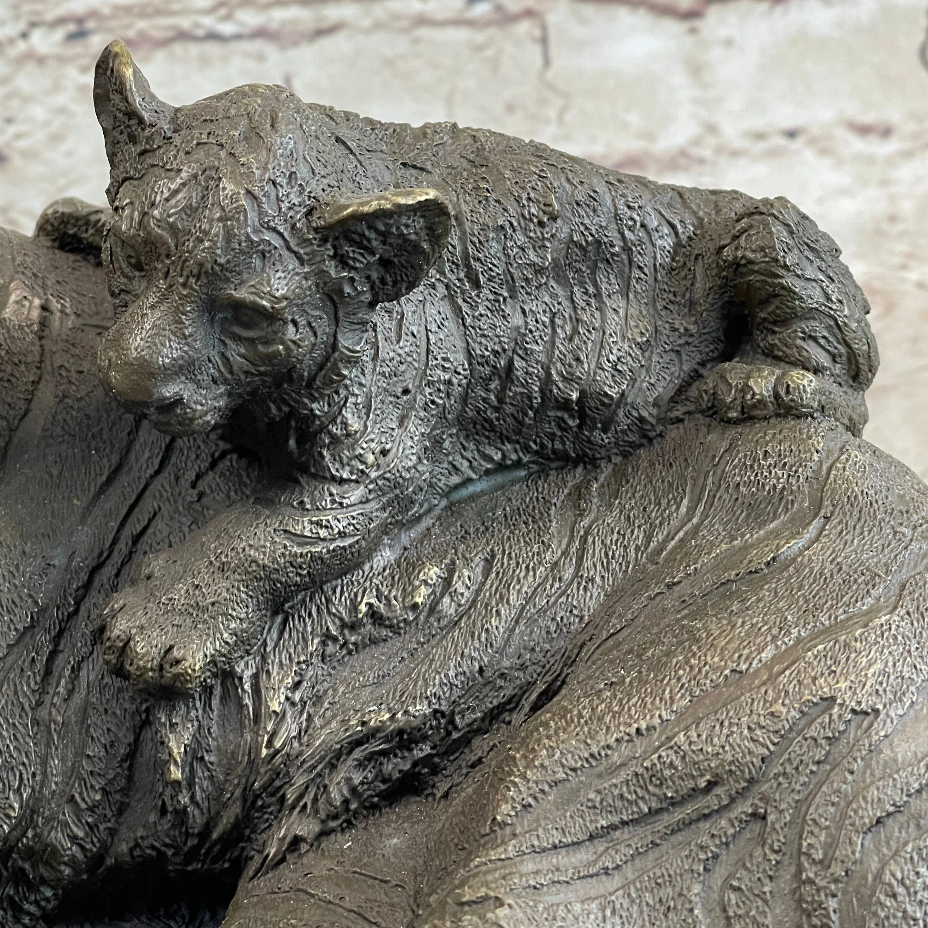Tiger Family Mother & Cub Bronze Statue Sculpture Figure Marble Base Original Art 8" x 16" - Image 9