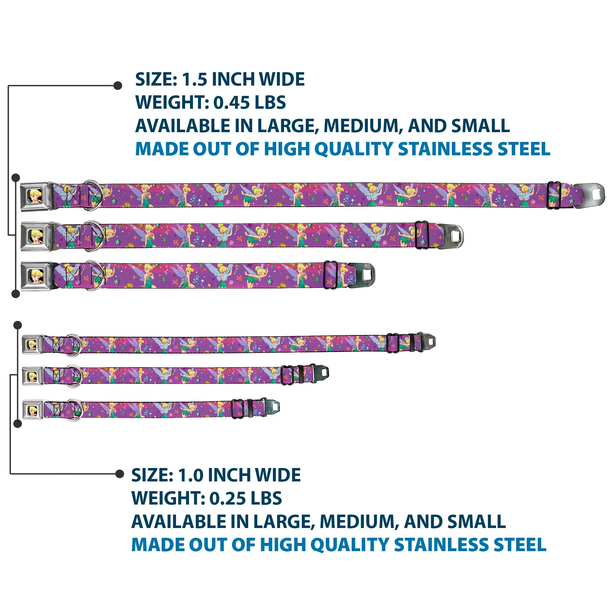 Tinker Bell CLOSE-UP Full Color Seatbelt Buckle Collar - Tinker Bell Poses/Flowers/Stars/Skull Purple - Image 3