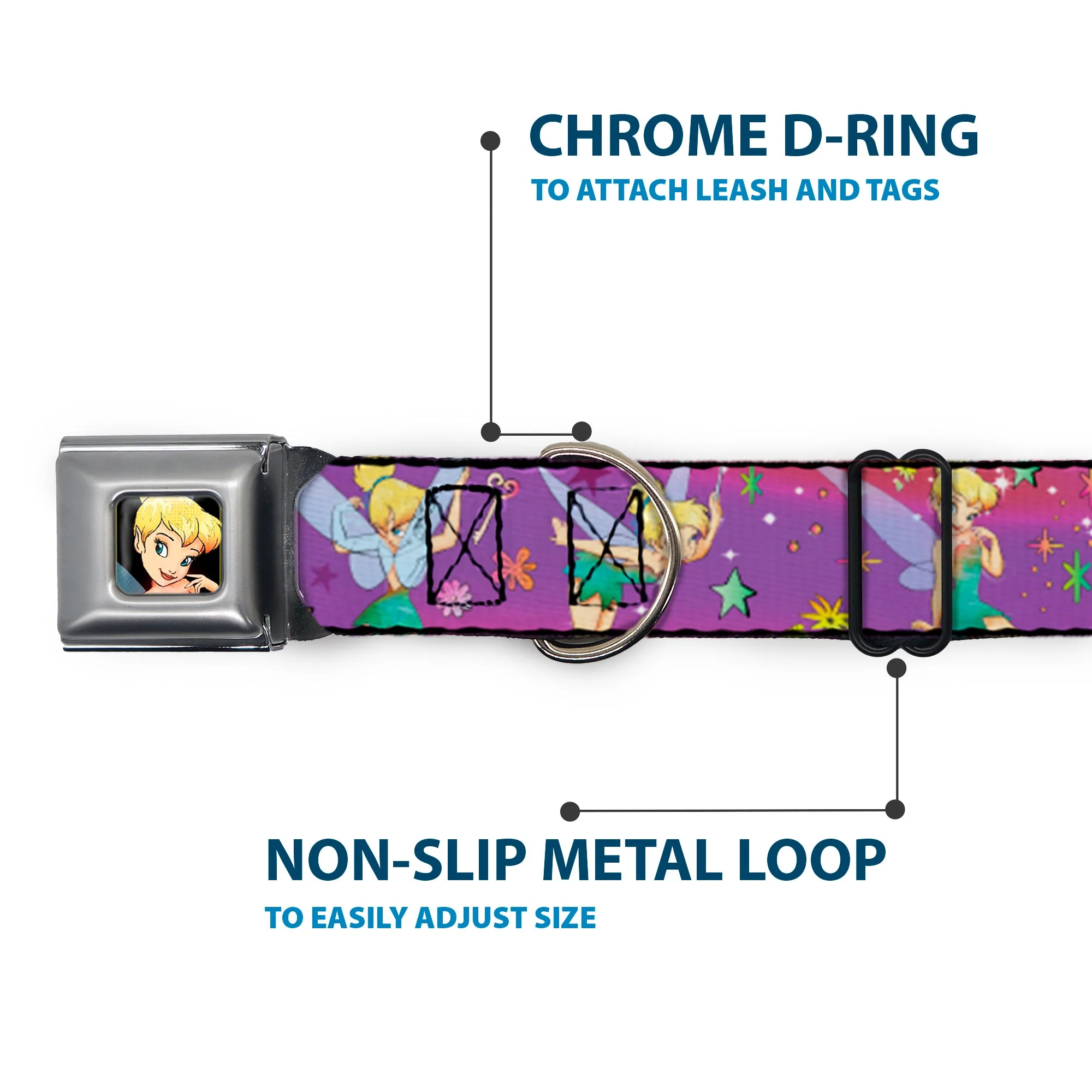 Tinker Bell CLOSE-UP Full Color Seatbelt Buckle Collar - Tinker Bell Poses/Flowers/Stars/Skull Purple - Image 5