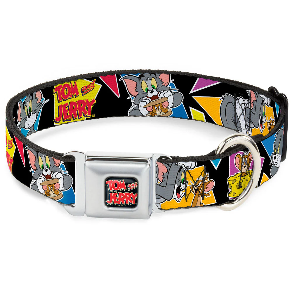 Tom and Jerry Logo Full Color Black Red Seatbelt Buckle Collar - TOM & JERRY Poses Black/Multi Color