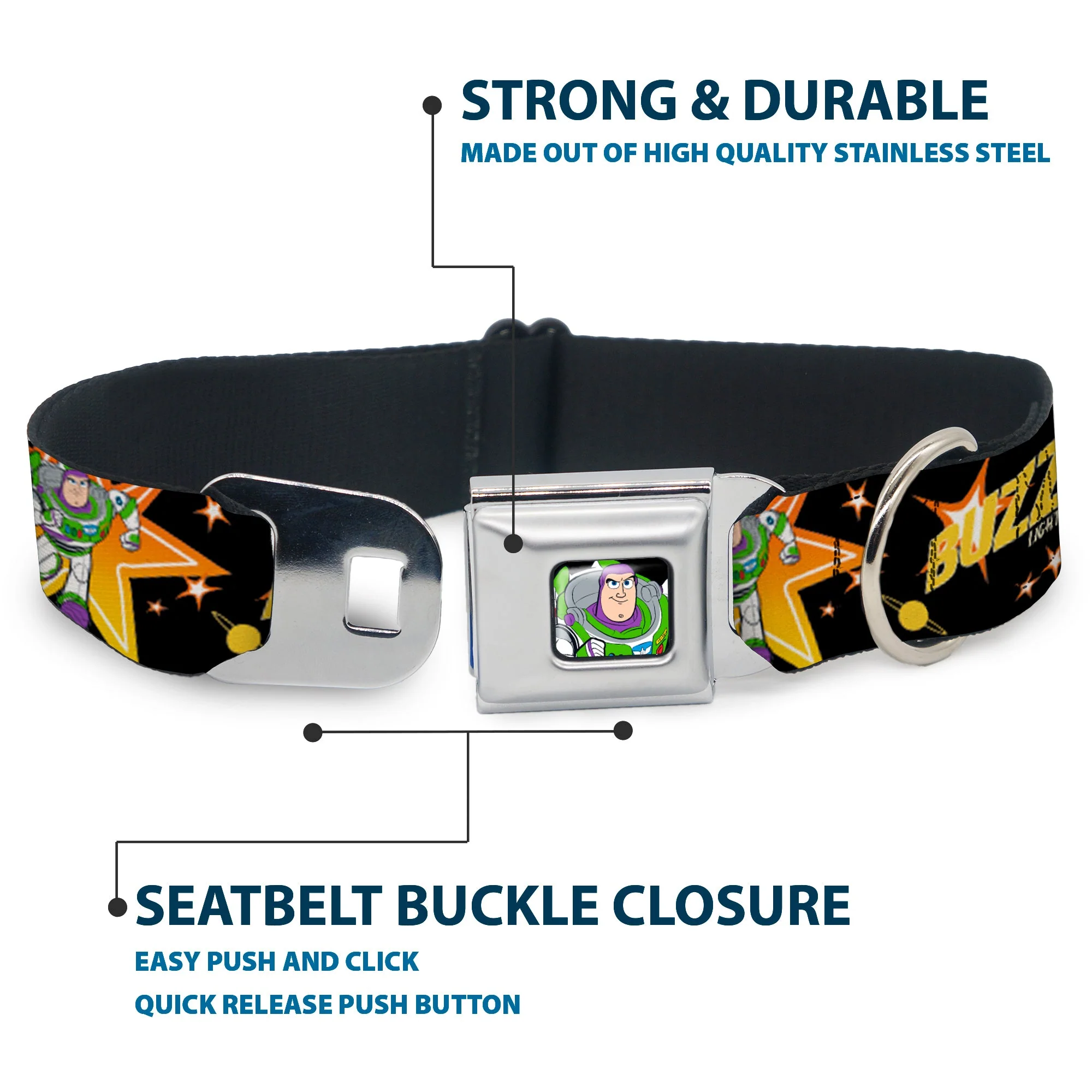 Toy Story Buzz Lightyear Running Pose Full Color Black Seatbelt Buckle Collar - Toy Story BUZZ LIGHTYEAR Running Pose/Stars Black/Orange/Yellow - Image 4