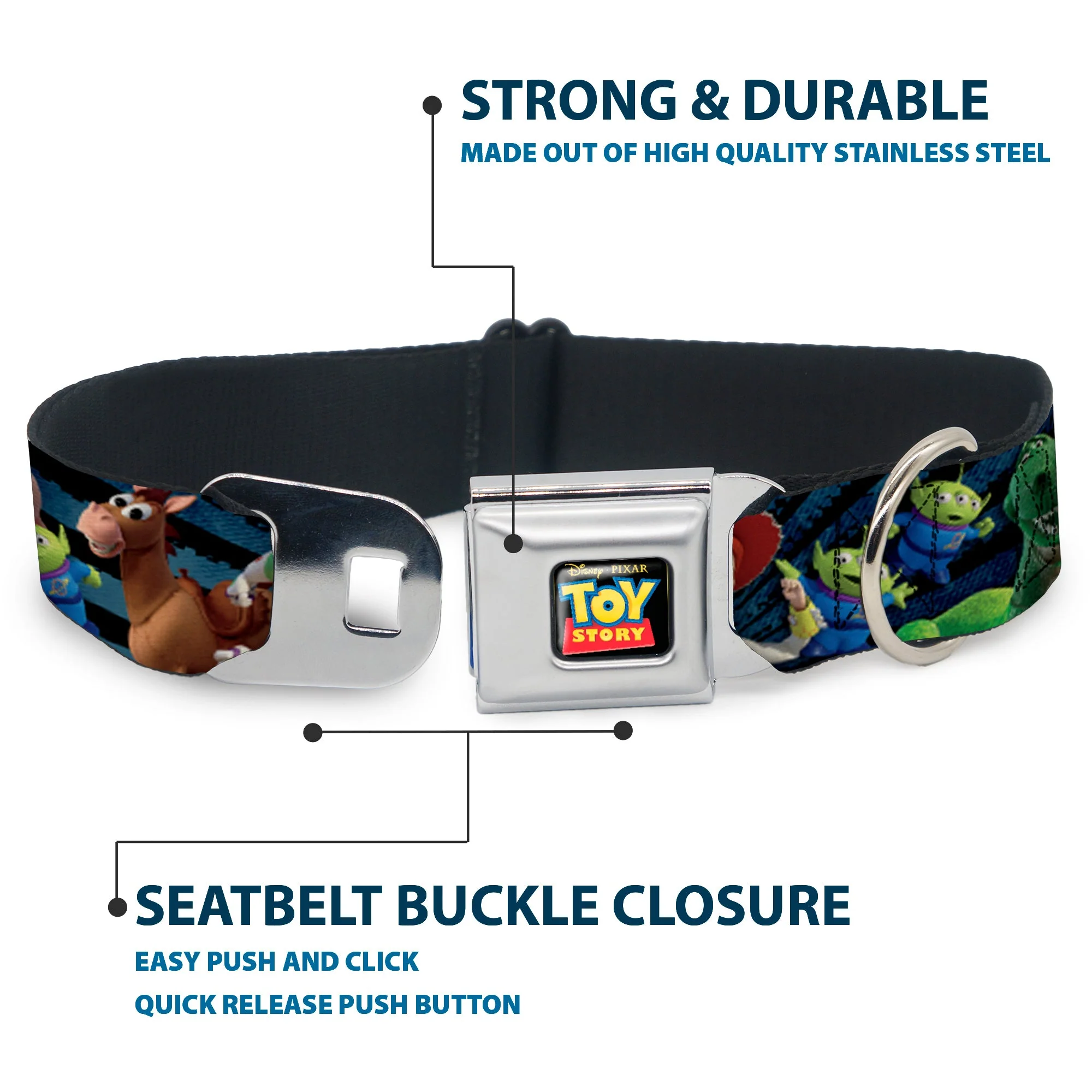 TOY STORY Logo Full Color Black Seatbelt Buckle Collar - Toy Story Characters Running2 Denim Rays - Image 4