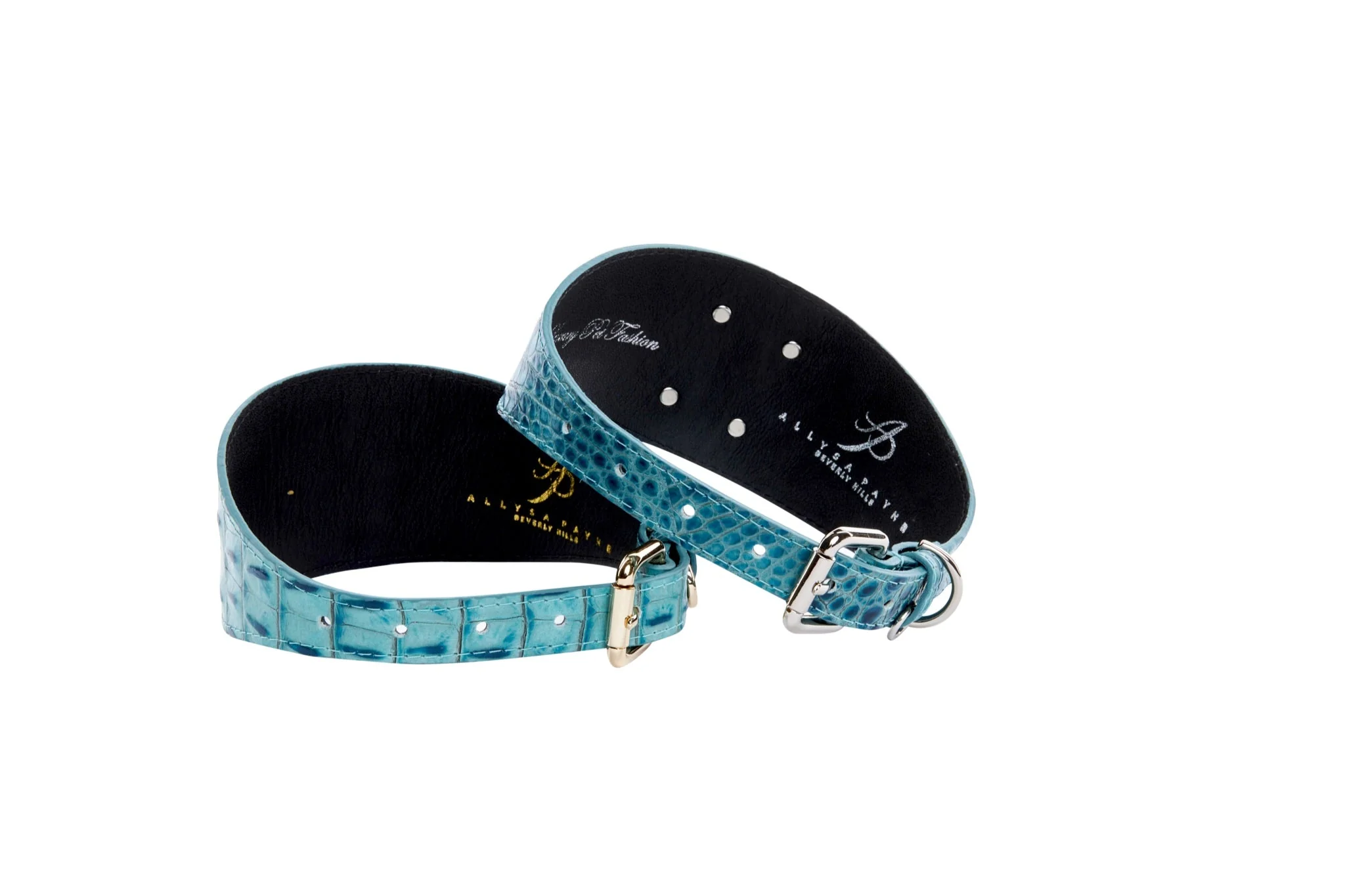 Turquoise Embossed Croc Italian Leather 3” Wide Style Collar Set Of 2 - Image 2