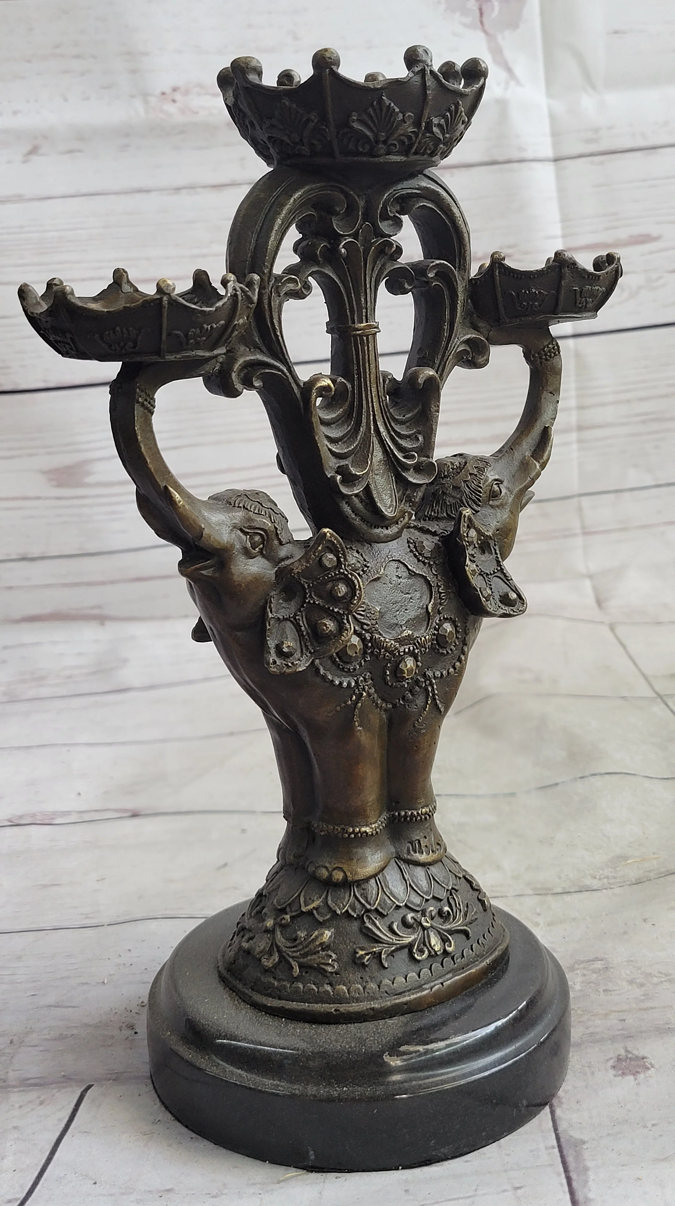 Two Headed Elephant Candle Holder Bronze Sculpture Marble Base Figurine Statue - Image 3