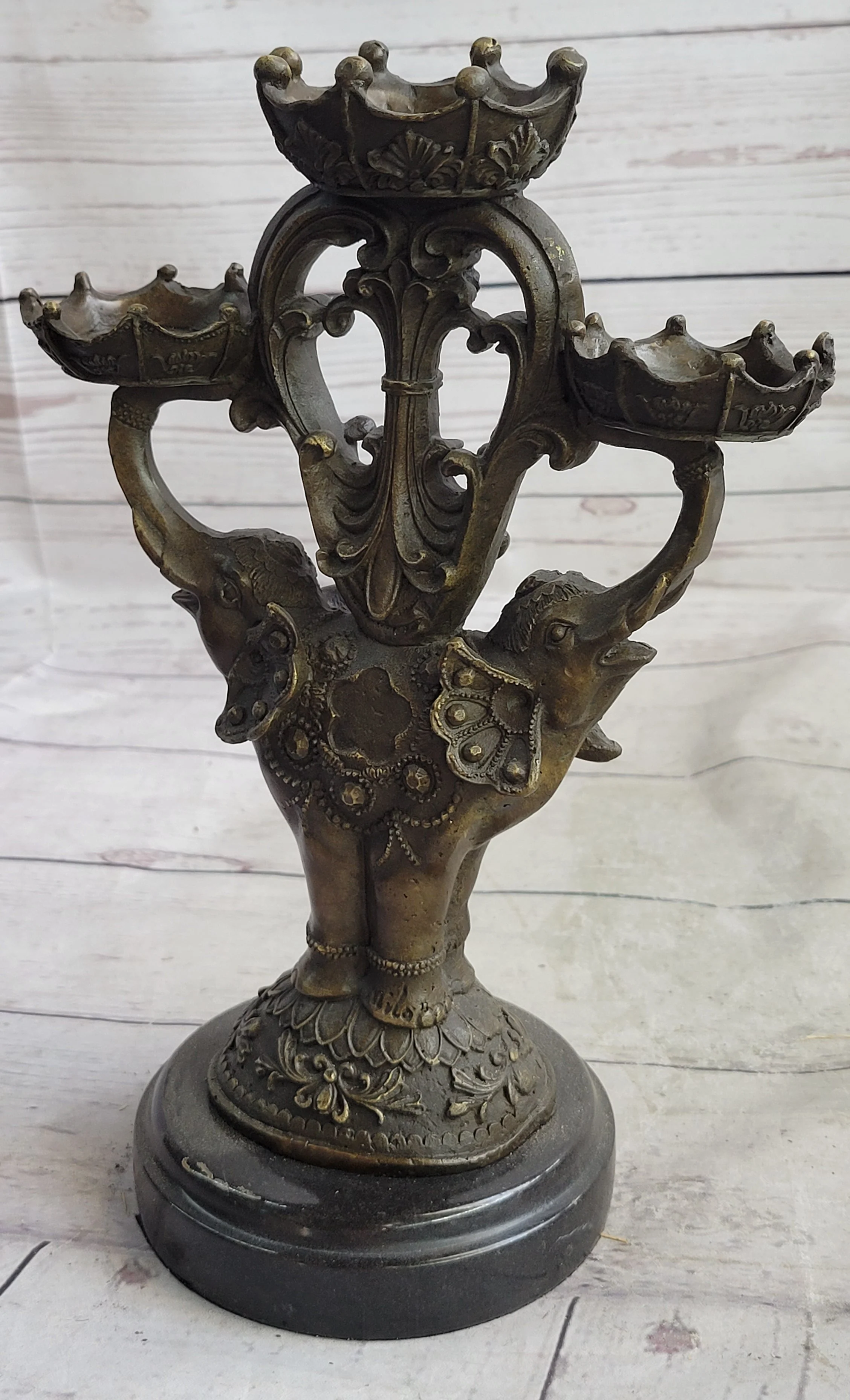 Two Headed Elephant Candle Holder Bronze Sculpture Marble Base Figurine Statue - Image 4