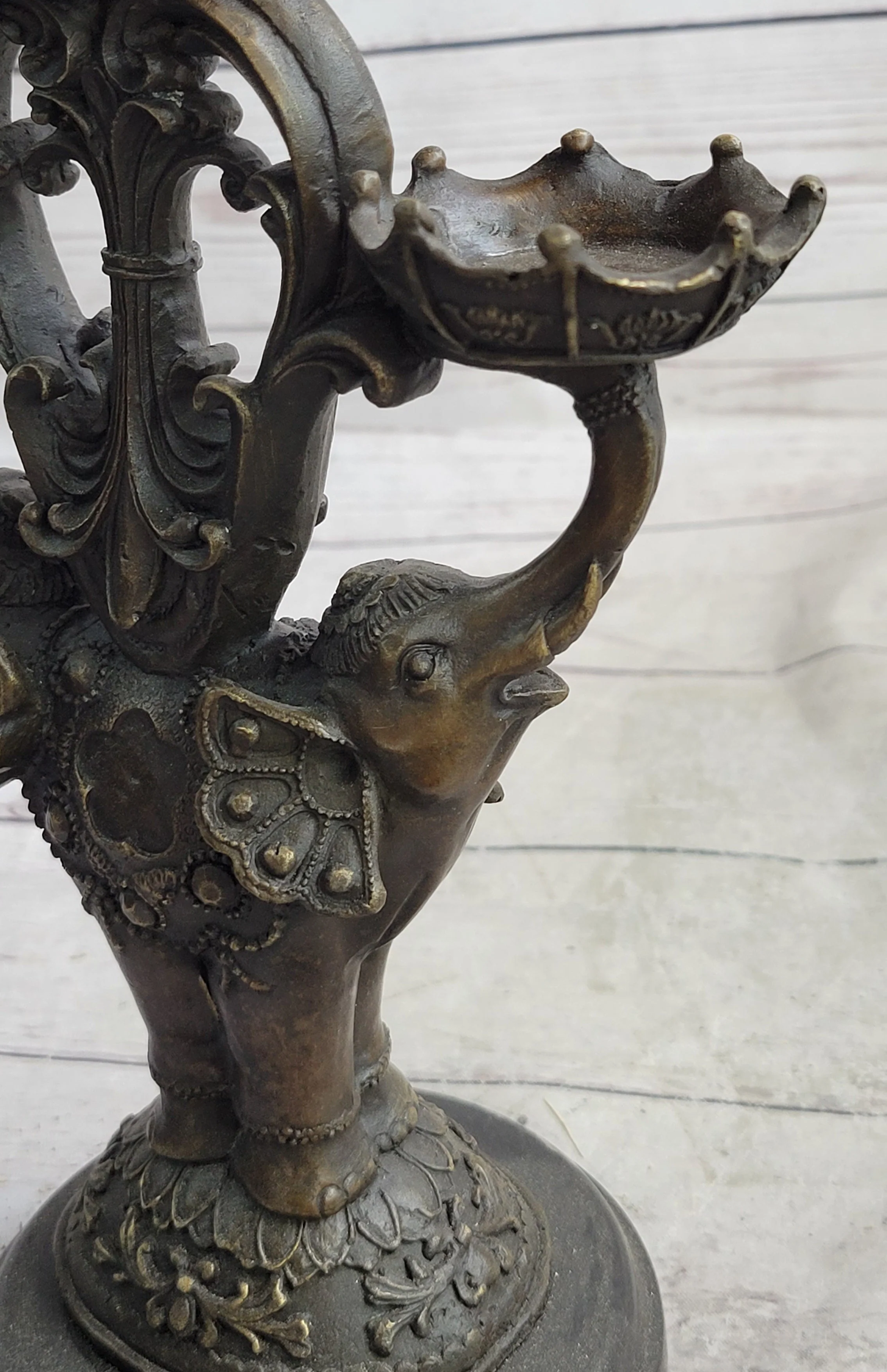 Two Headed Elephant Candle Holder Bronze Sculpture Marble Base Figurine Statue - Image 5