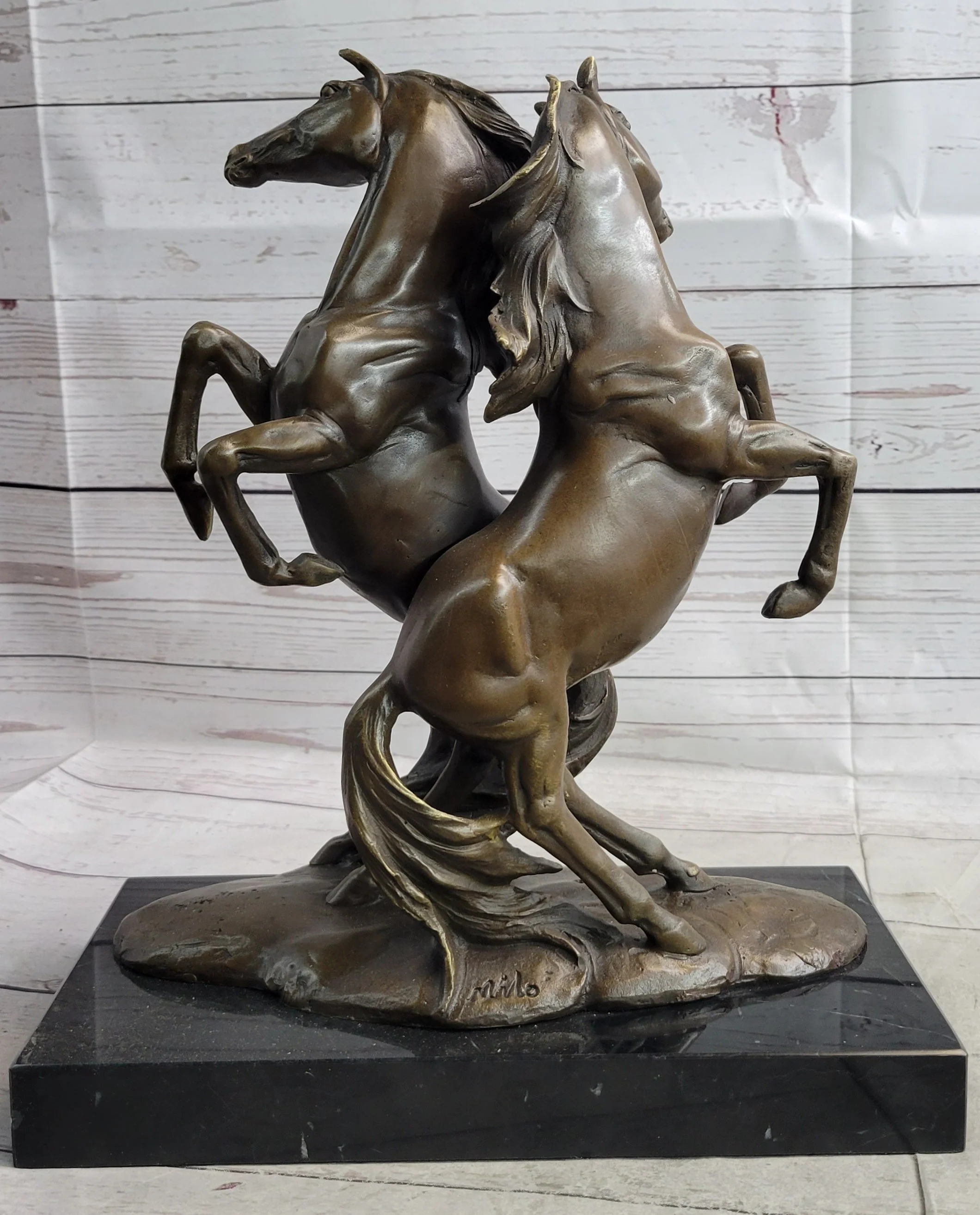 Two Rearing Stallions Horses Bronze Sculpture Statue Horse Lover Decor Signed Art on Marble Base - Image 5