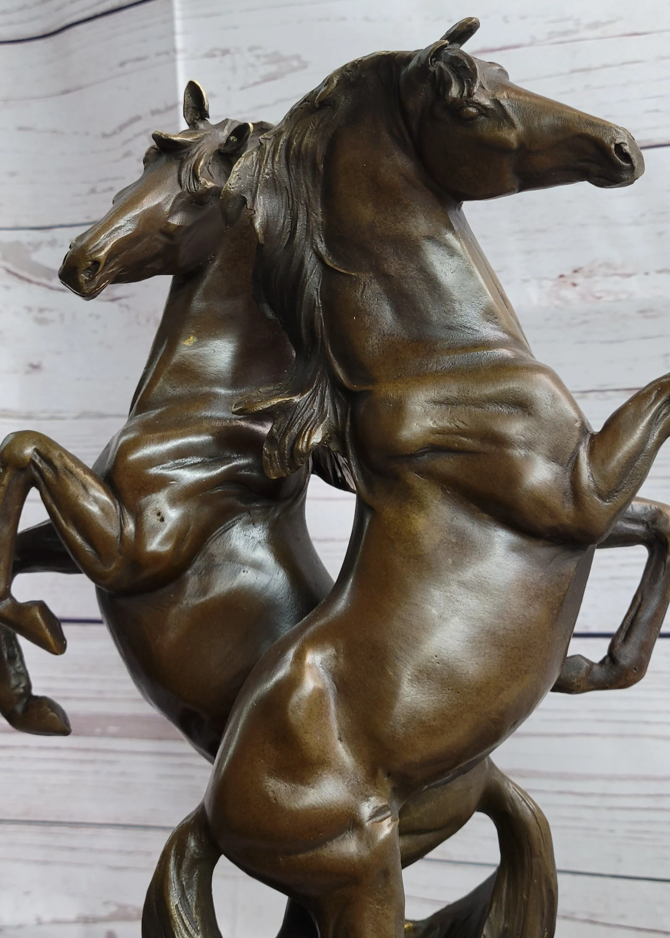 Two Rearing Stallions Horses Bronze Sculpture Statue Horse Lover Decor Signed Art on Marble Base - Image 7