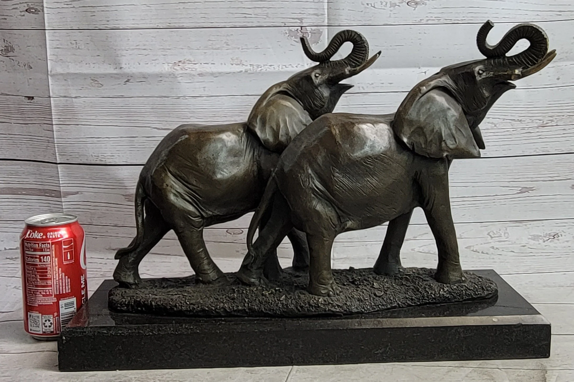 Two Trumpeting Elephants Bronze Metal Statue Sculpture Figure Decor on Marble Base - Image 2