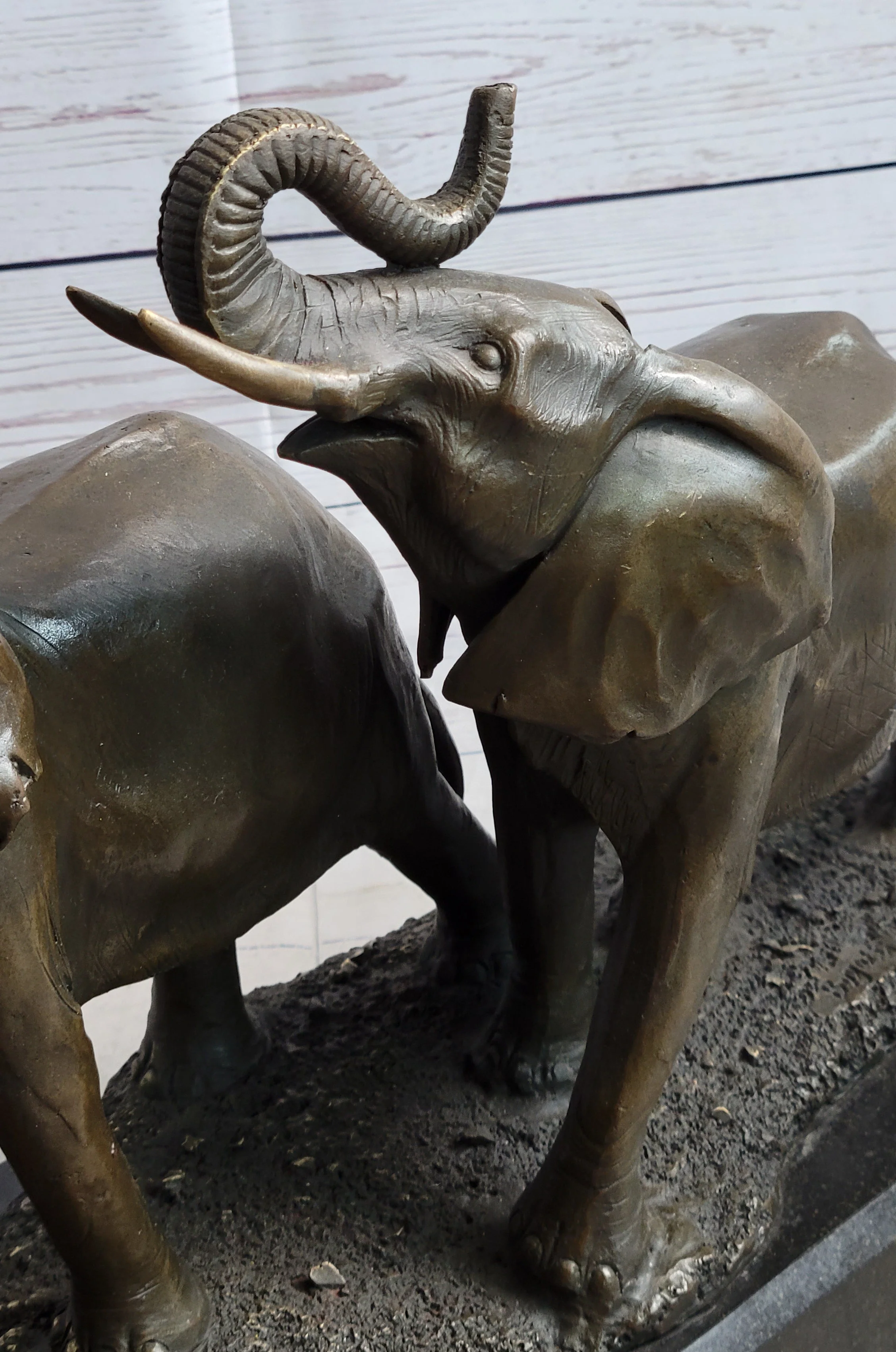 Two Trumpeting Elephants Bronze Metal Statue Sculpture Figure Decor on Marble Base - Image 8