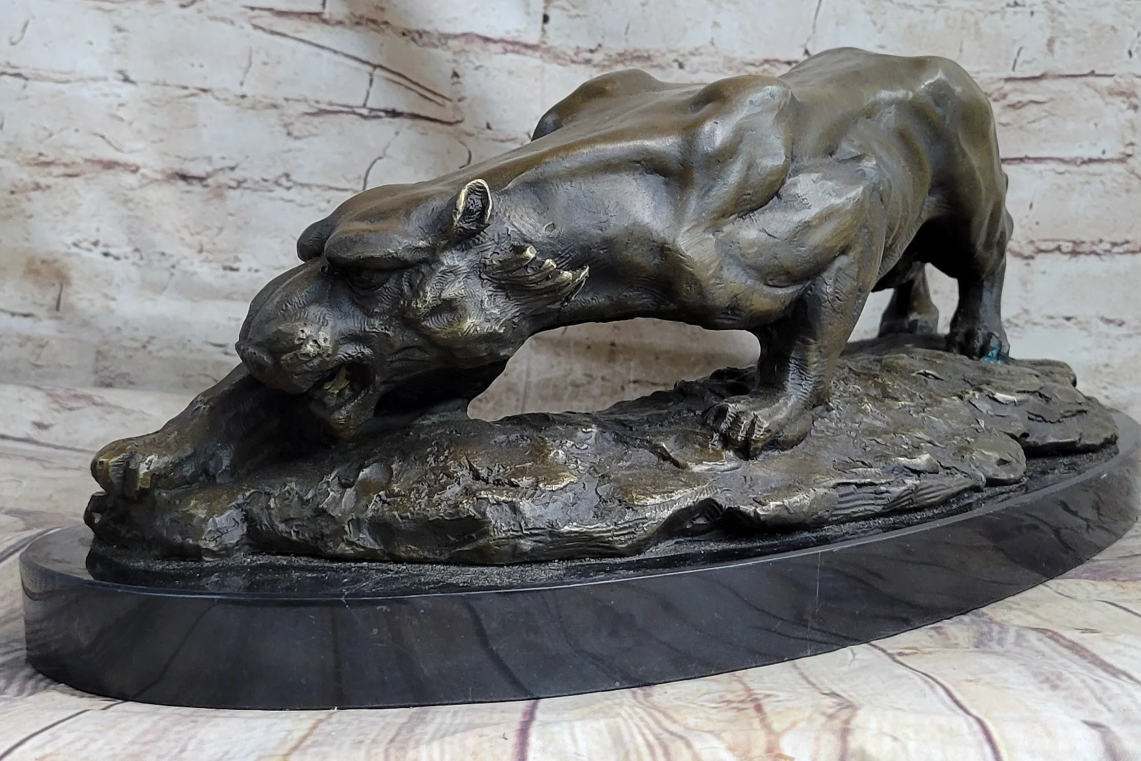 Waking Panther Mountain Lion Puma Big Cat Bronze Statue Sculpture on Marble Base - Image 3