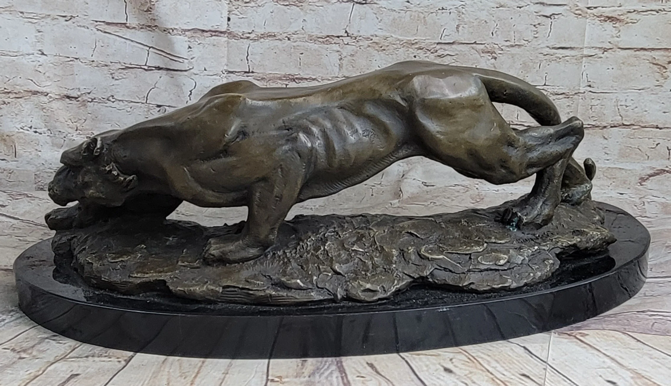 Waking Panther Mountain Lion Puma Big Cat Bronze Statue Sculpture on Marble Base - Image 4