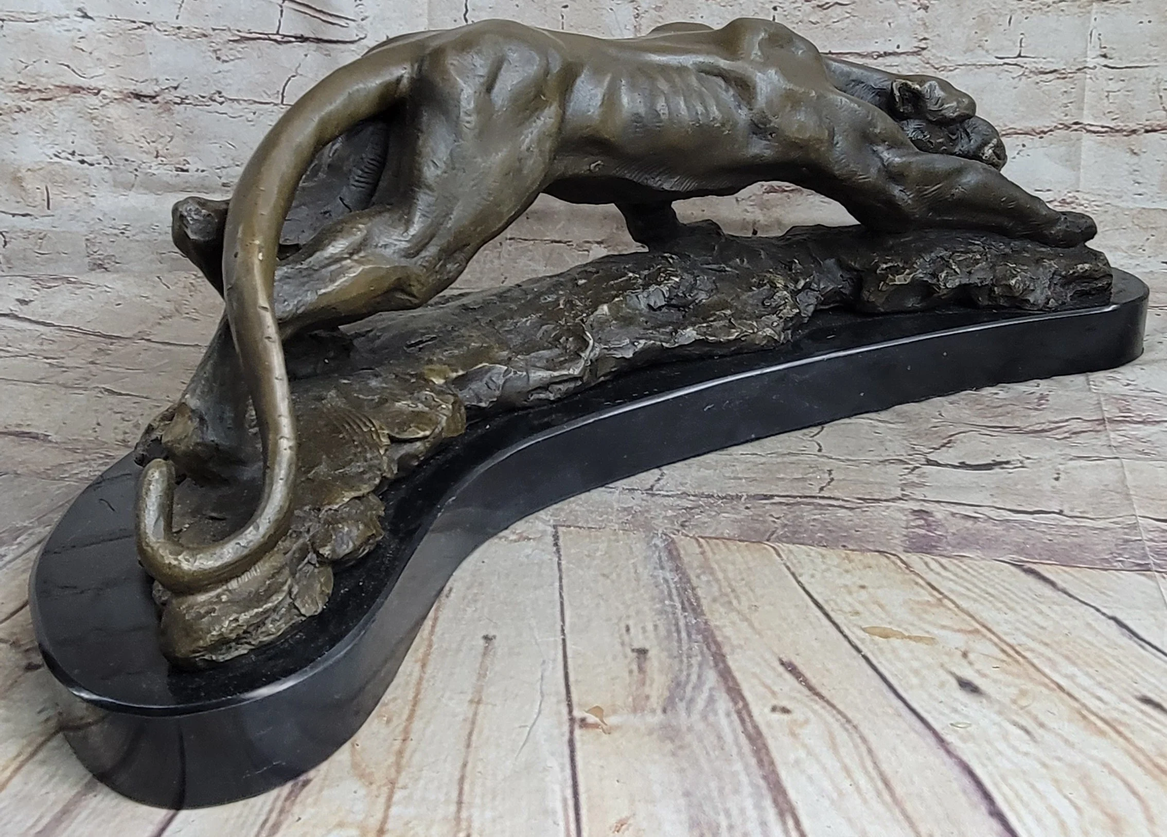 Waking Panther Mountain Lion Puma Big Cat Bronze Statue Sculpture on Marble Base - Image 6