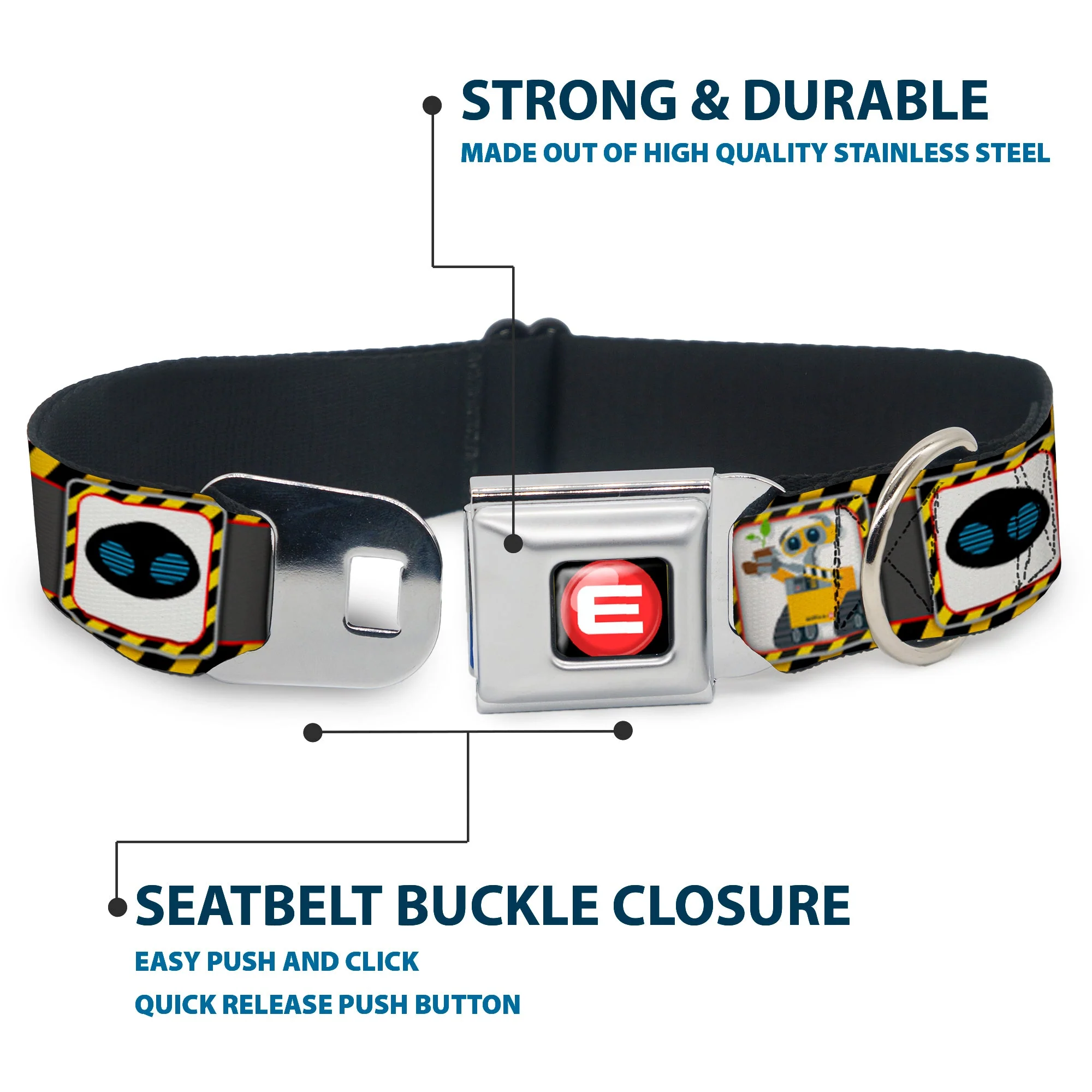 WALL-E Logo Full Color Black Red White Seatbelt Buckle Collar - WALL-E & EVE Pose/Face Hazard Blocks Gray/Yellow/Black - Image 4