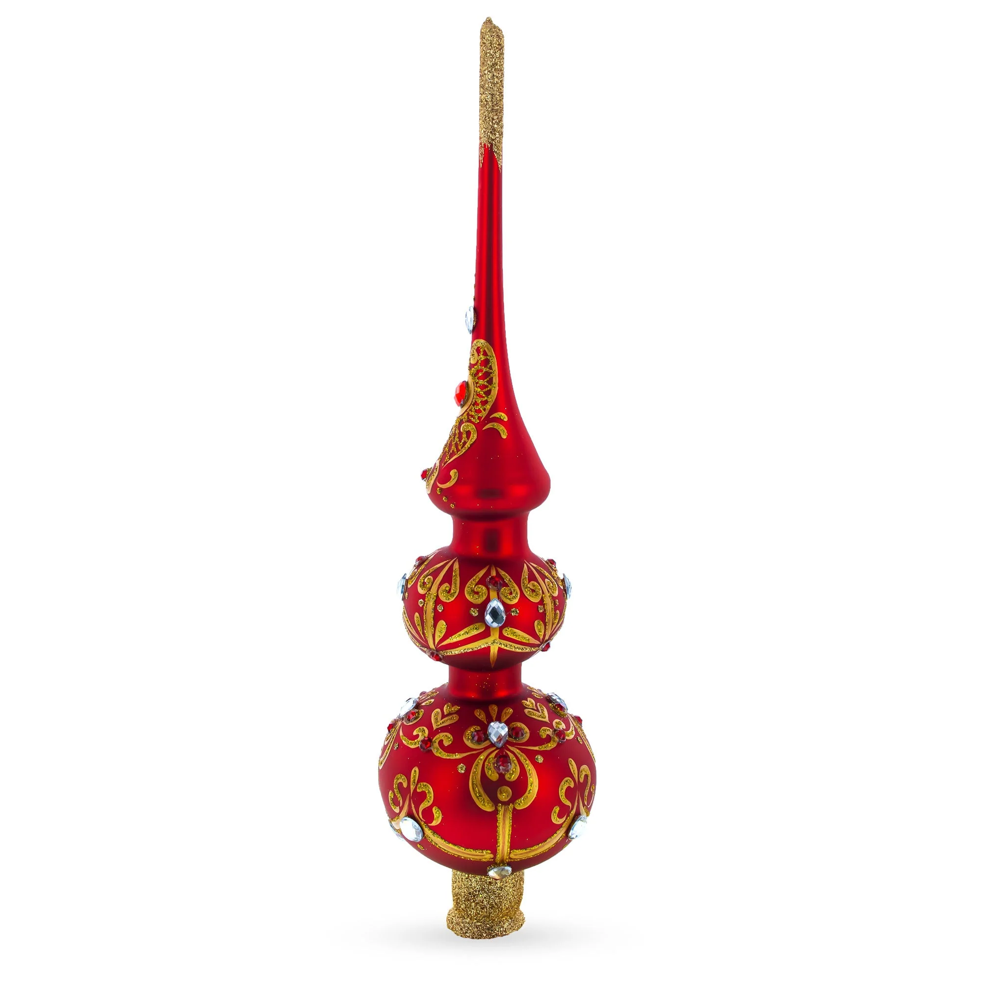 White and Red Jewels with Golden Trellis on Red Glass Christmas Tree Topper 12.5 Inches - Image 2