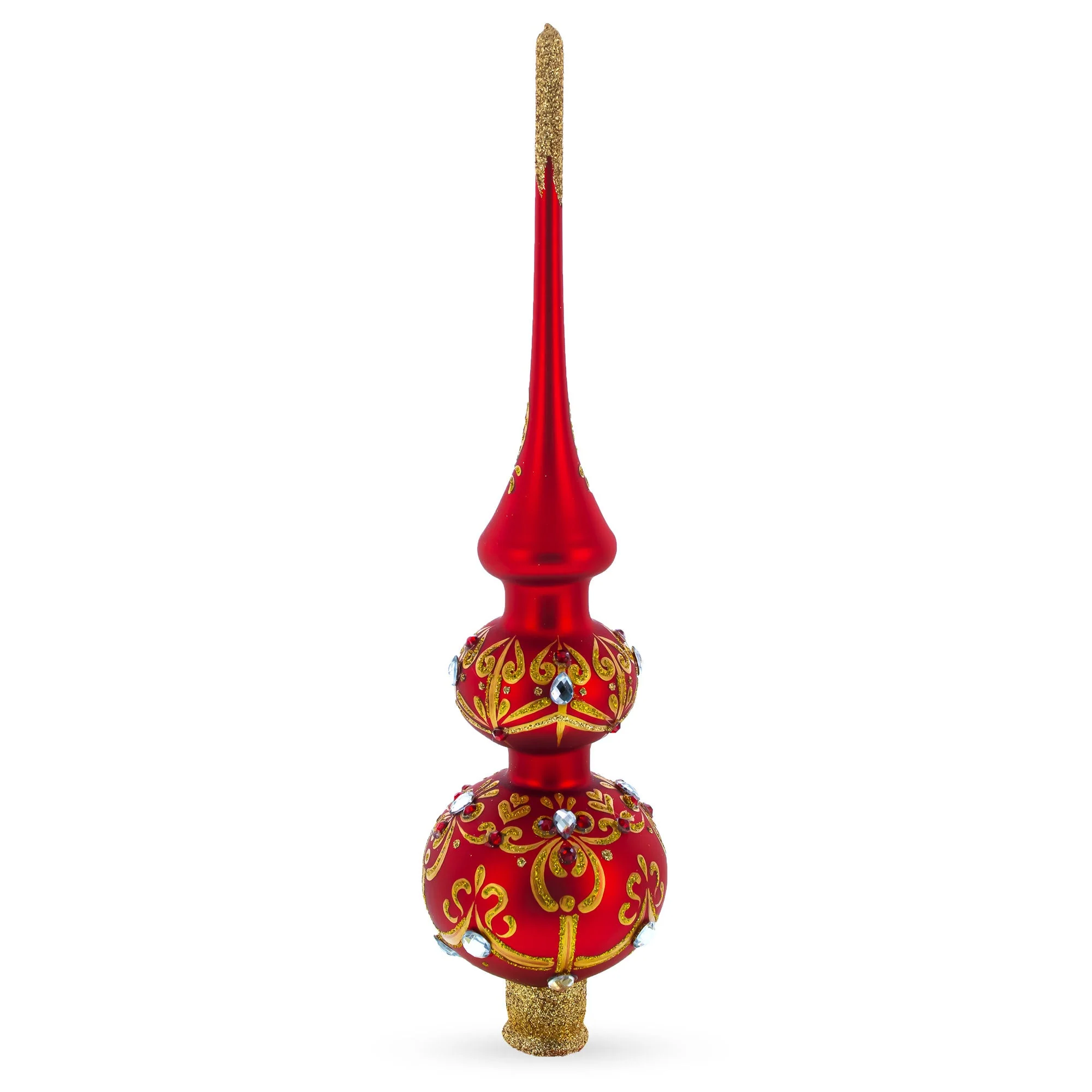 White and Red Jewels with Golden Trellis on Red Glass Christmas Tree Topper 12.5 Inches - Image 3