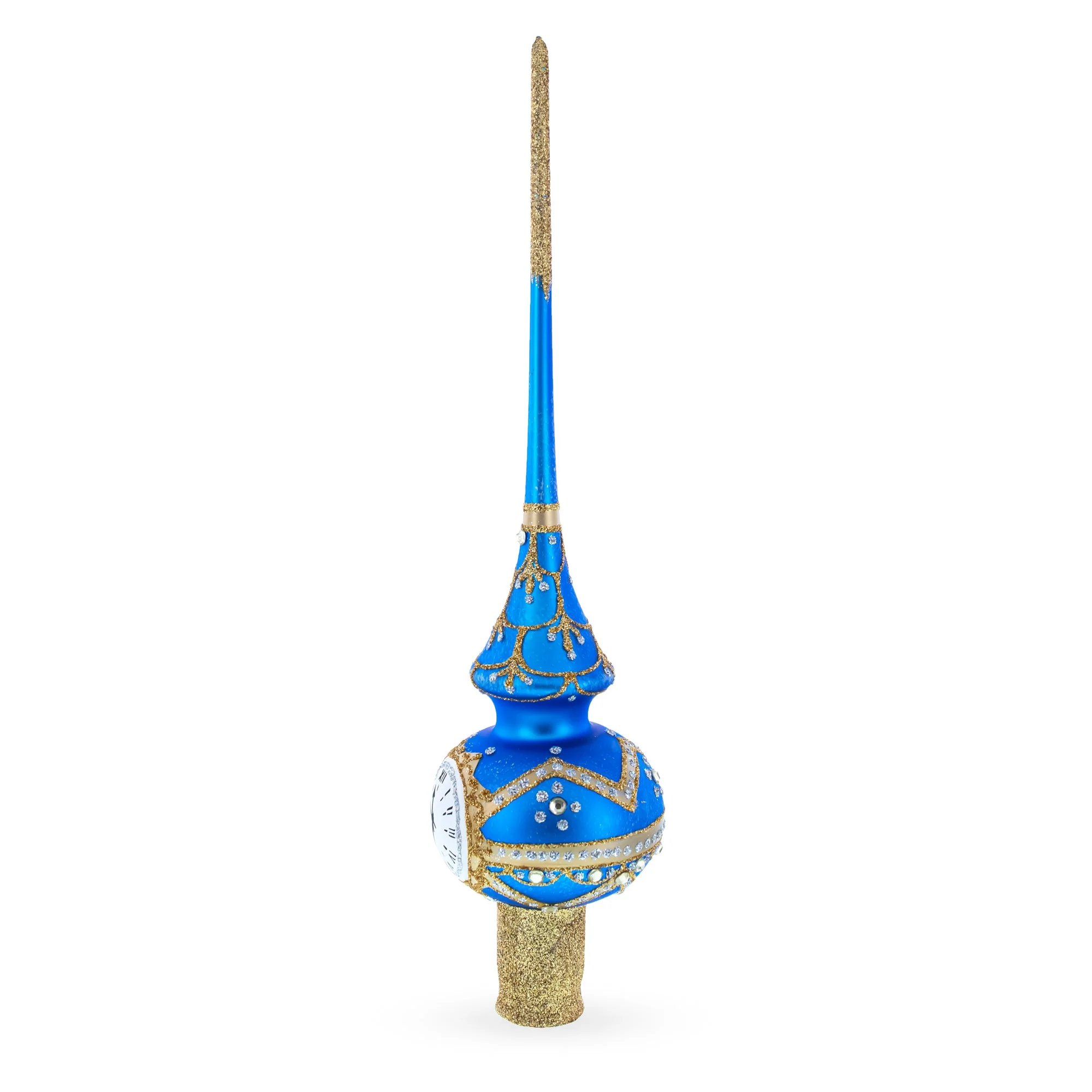 White Dial Clock on Blue and Gold Glass Christmas Tree Topper 11 Inches - Image 2