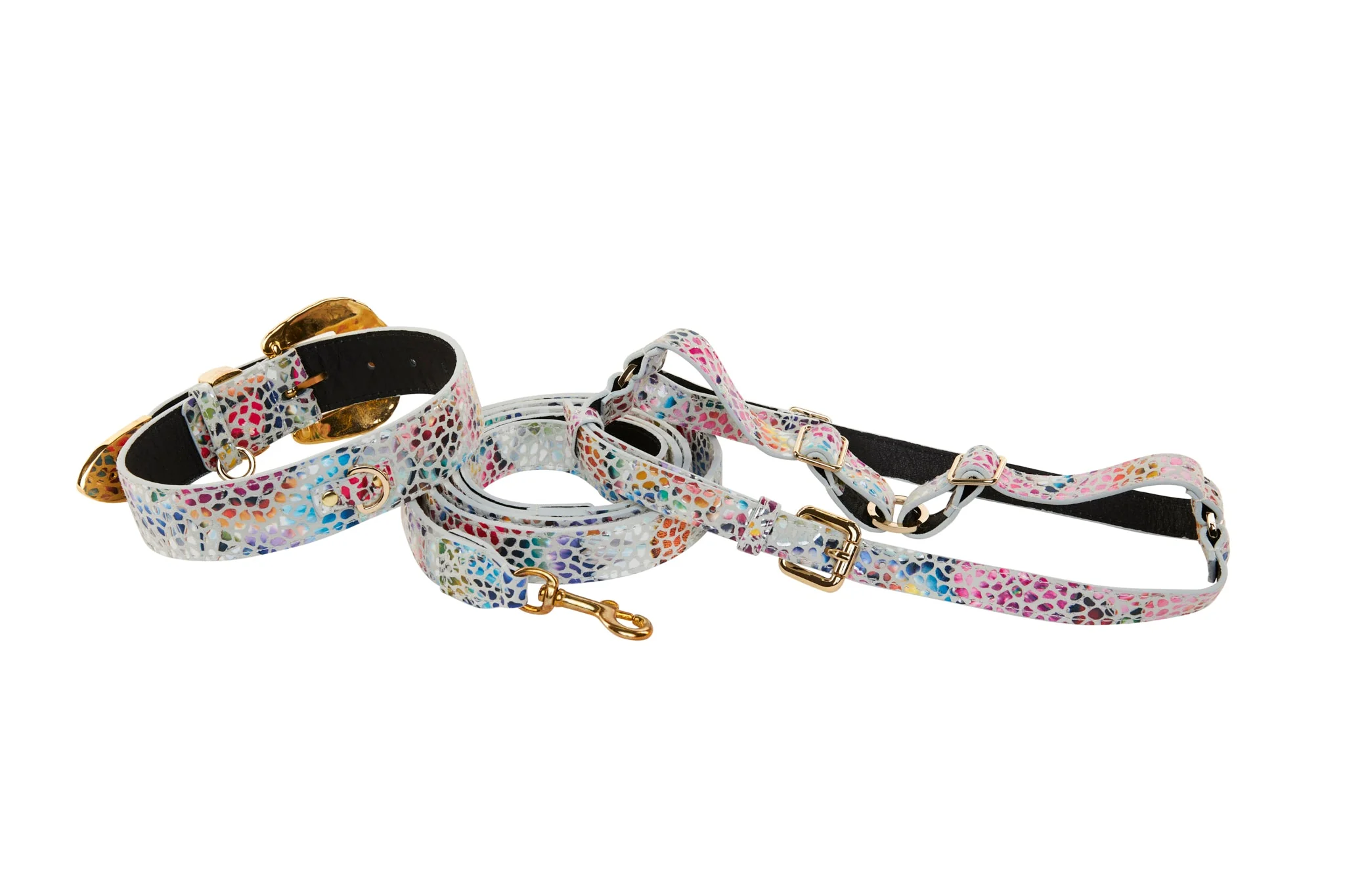White Floral Mosaic Italian Leather Collar, Leash, Harness Set with Orante Swarovski Crystal Hardware - Image 2