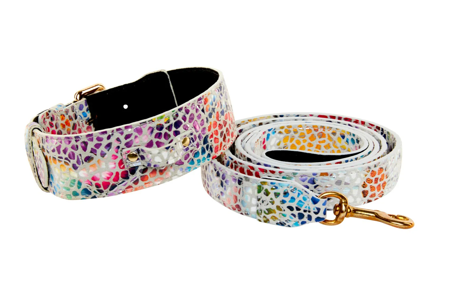 White Floral Mosaic Italian Leather Collar & Leash Set With Gold Classic Hardware - Image 2