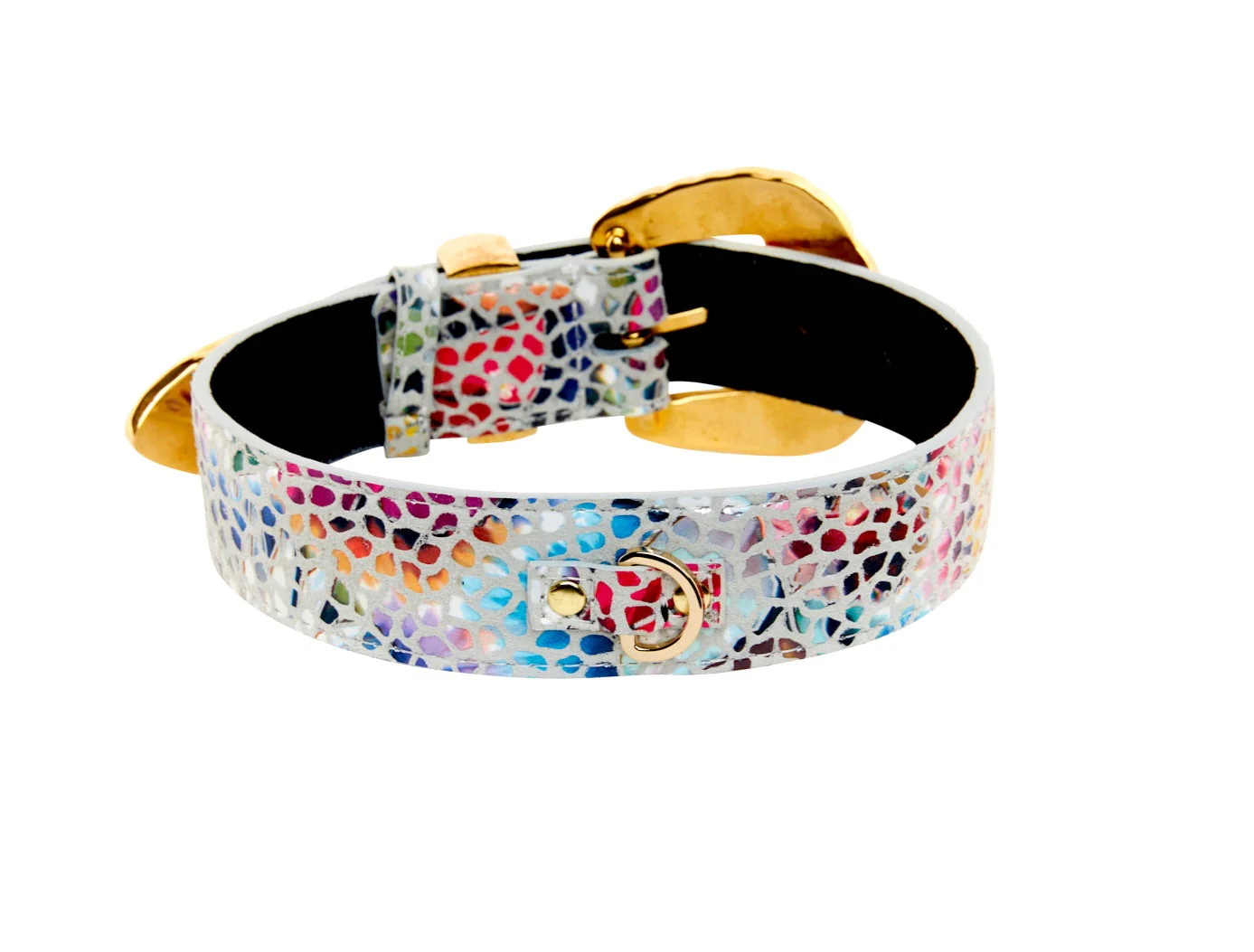 White Floral Mosaic Italian Leather Collar with Orante Swarovski Crystal Hardware - Image 2