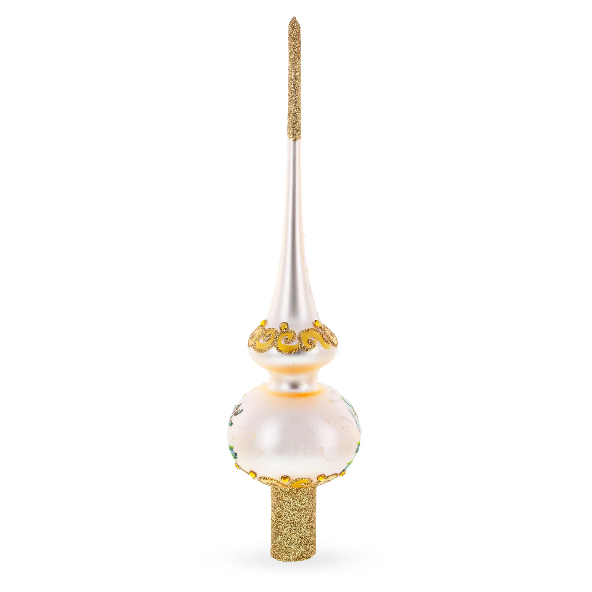 White Flowers Bouquet on Beige Glass Christmas Tree Topper 11 Inches - Image 3