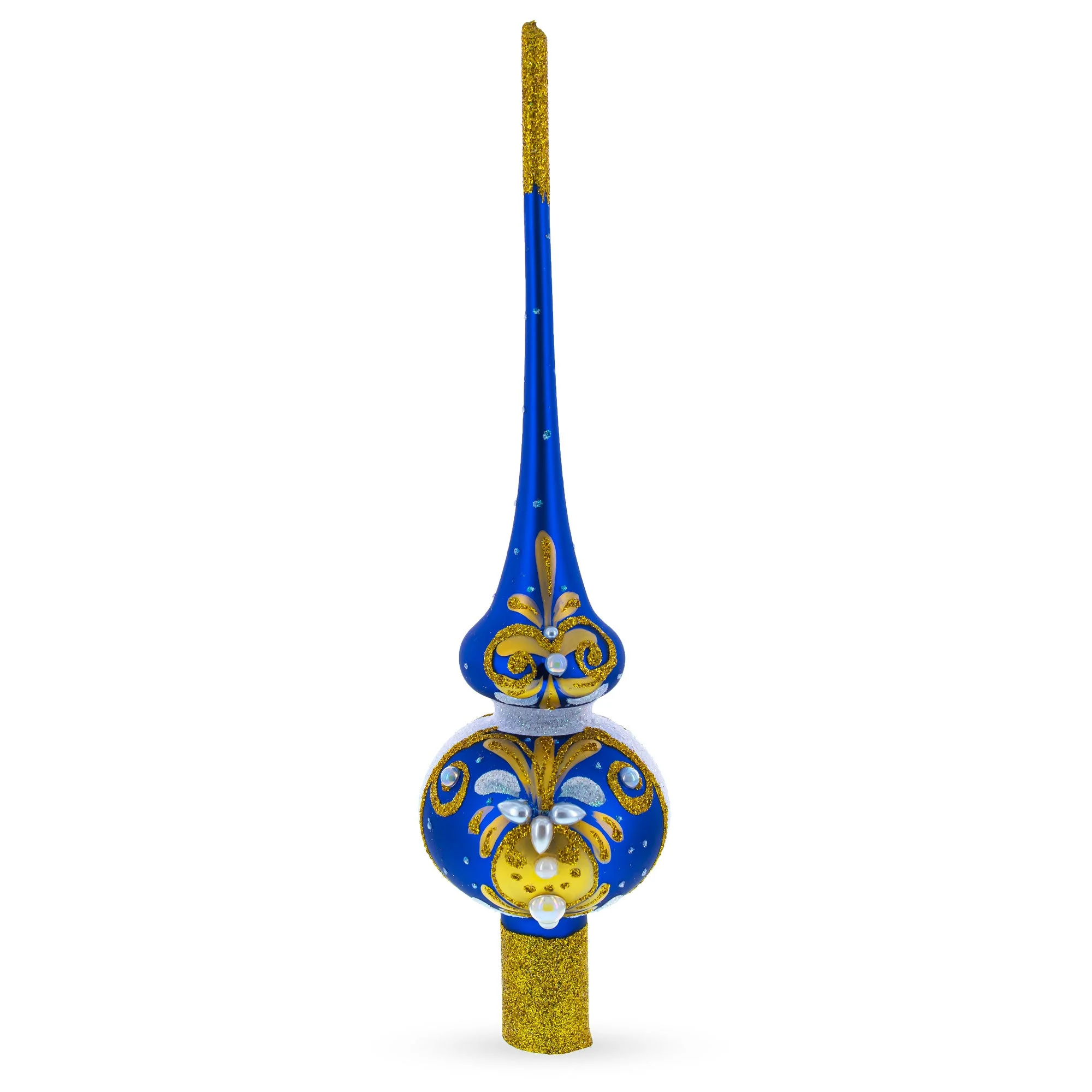 White Pearls with Golden Leaves on Blue Glass Christmas Tree Topper 11 Inches