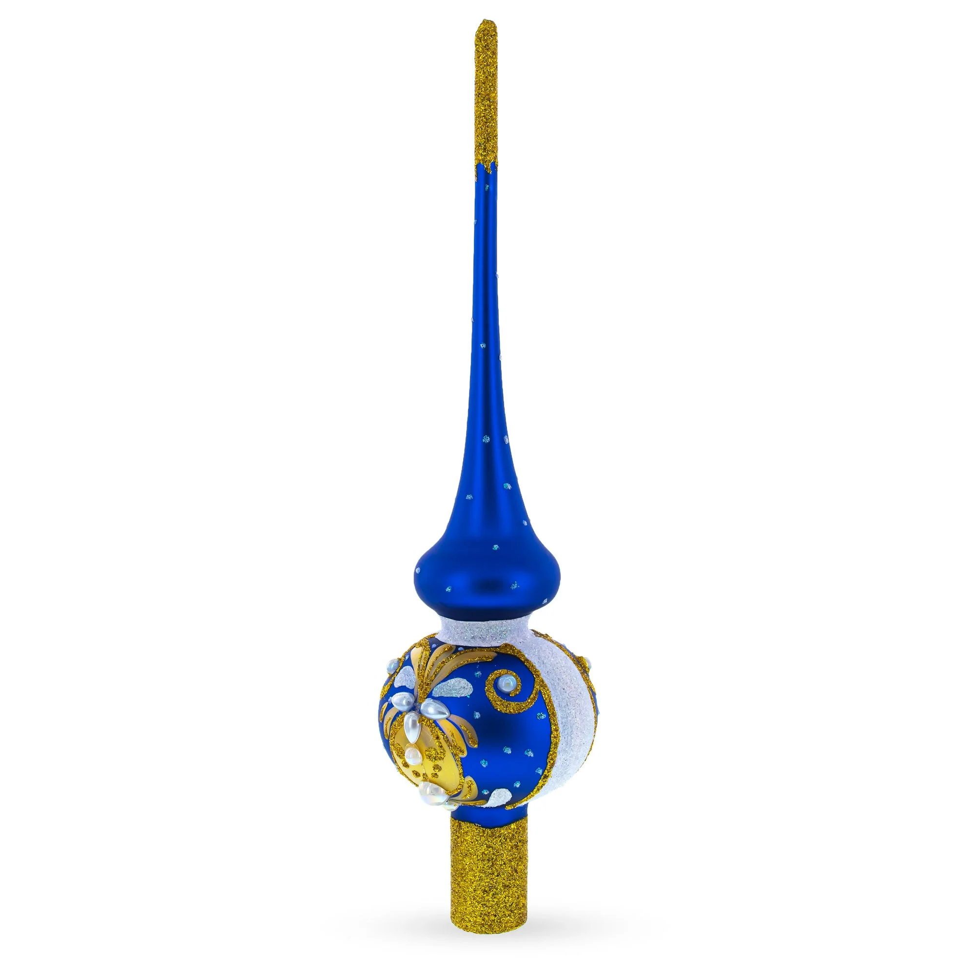 White Pearls with Golden Leaves on Blue Glass Christmas Tree Topper 11 Inches - Image 2