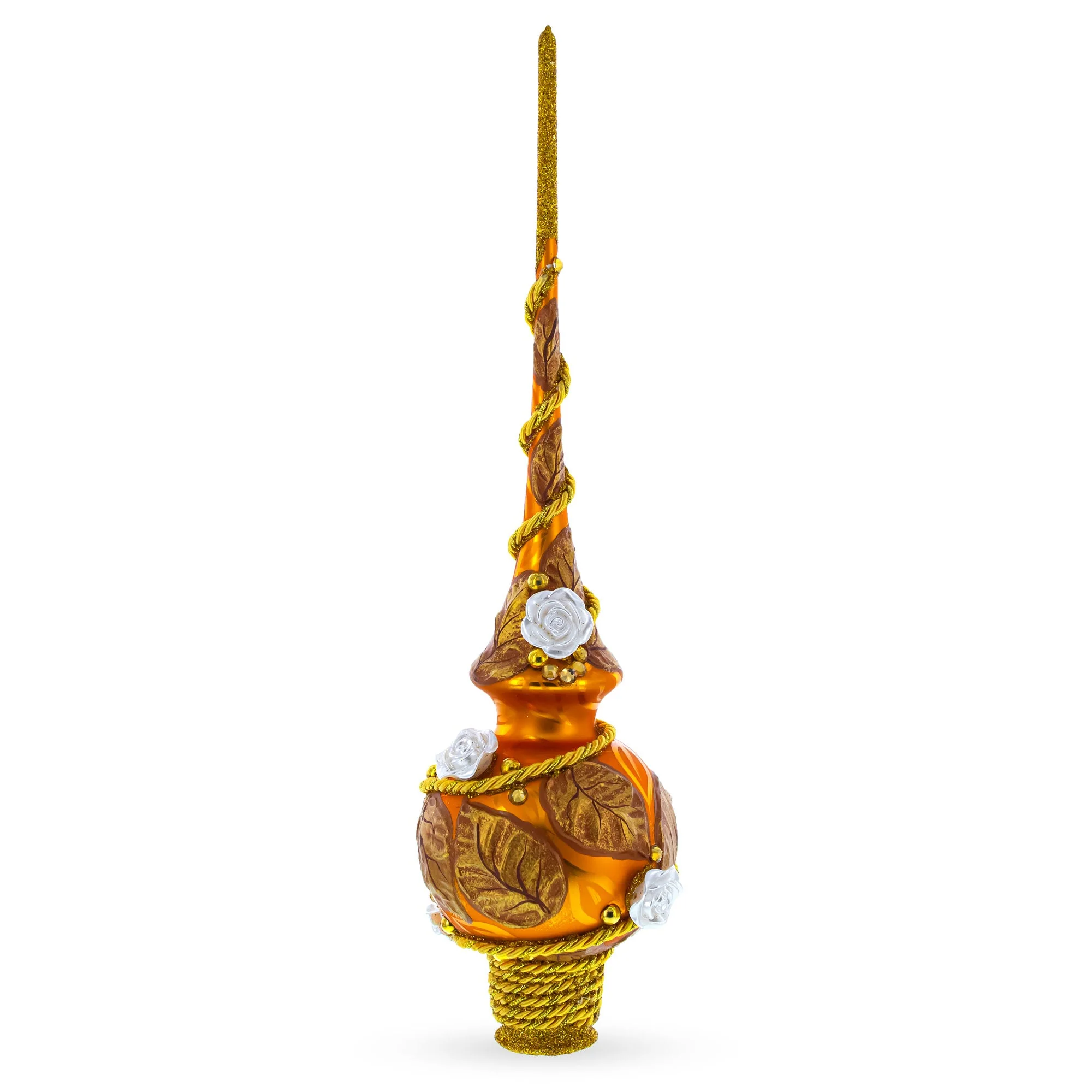 White Roses with Golden Leaves on Gold Glass Christmas Tree Topper 11 Inches - Image 3