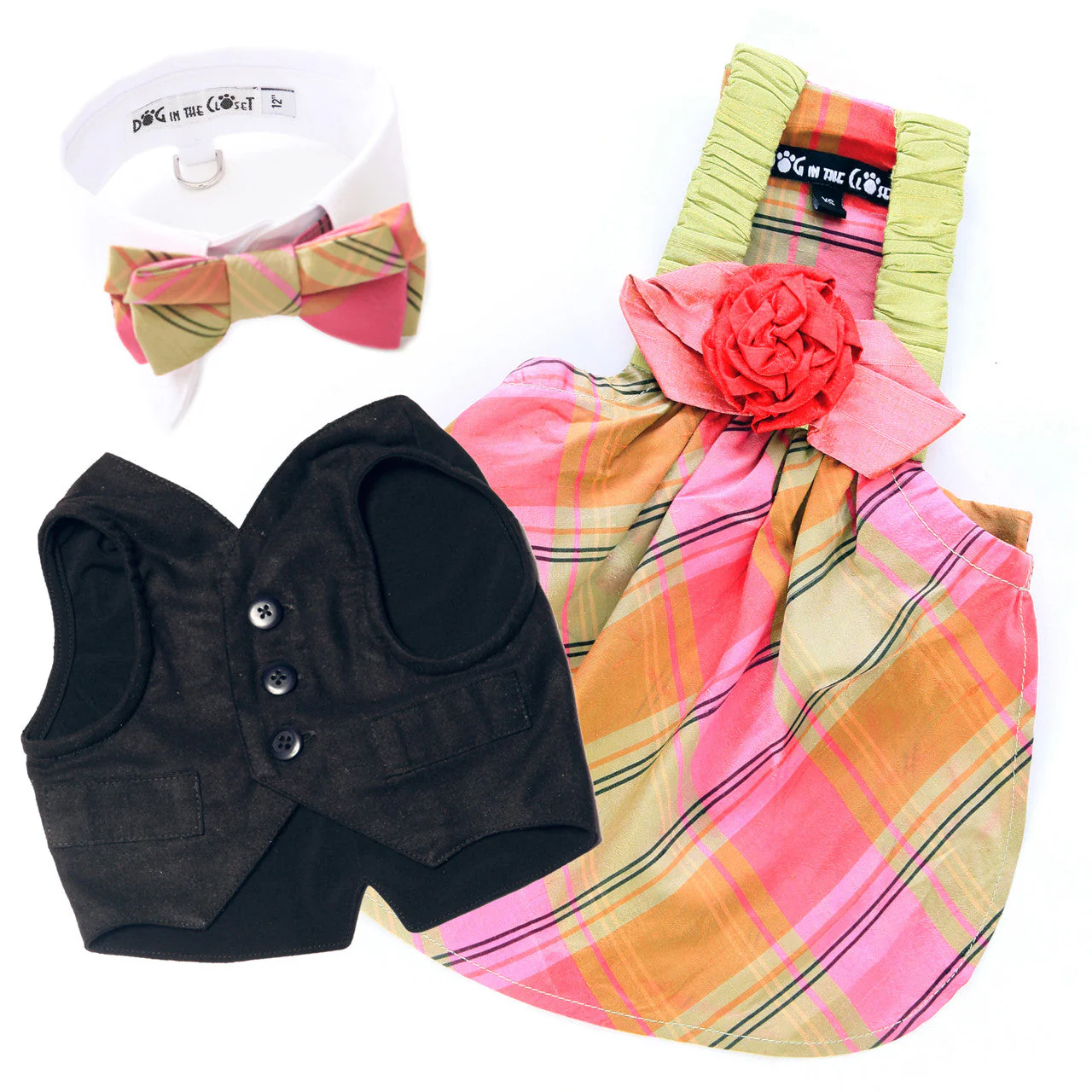 White Shirt Dog Collar with Coral & Lime Silk Plaid Bow Tie - Image 3