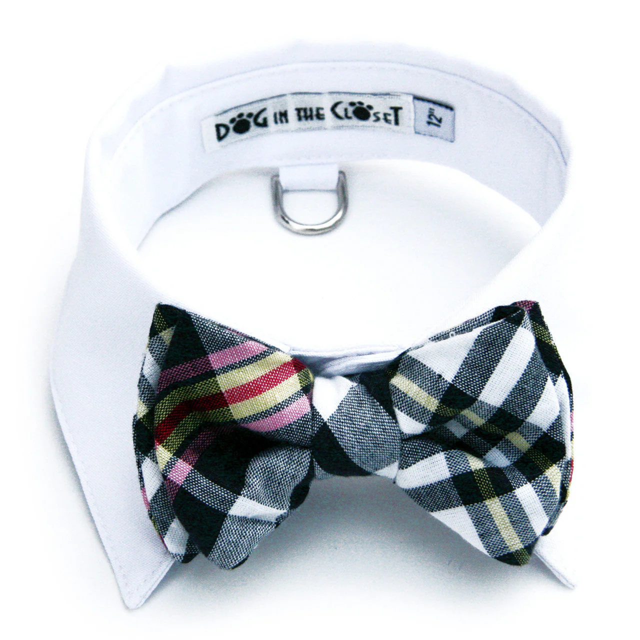 White Shirt Dog Collar with Dark Navy & White Madras Plaid Bow Tie - Image 4