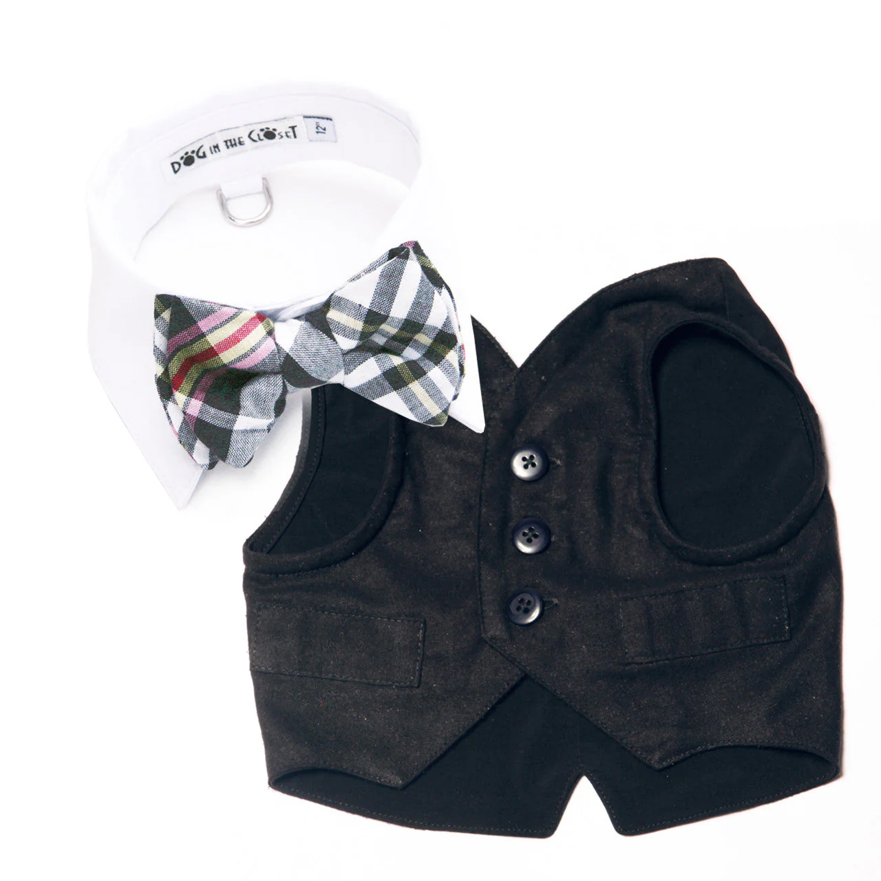 White Shirt Dog Collar with Dark Navy & White Madras Plaid Bow Tie - Image 5