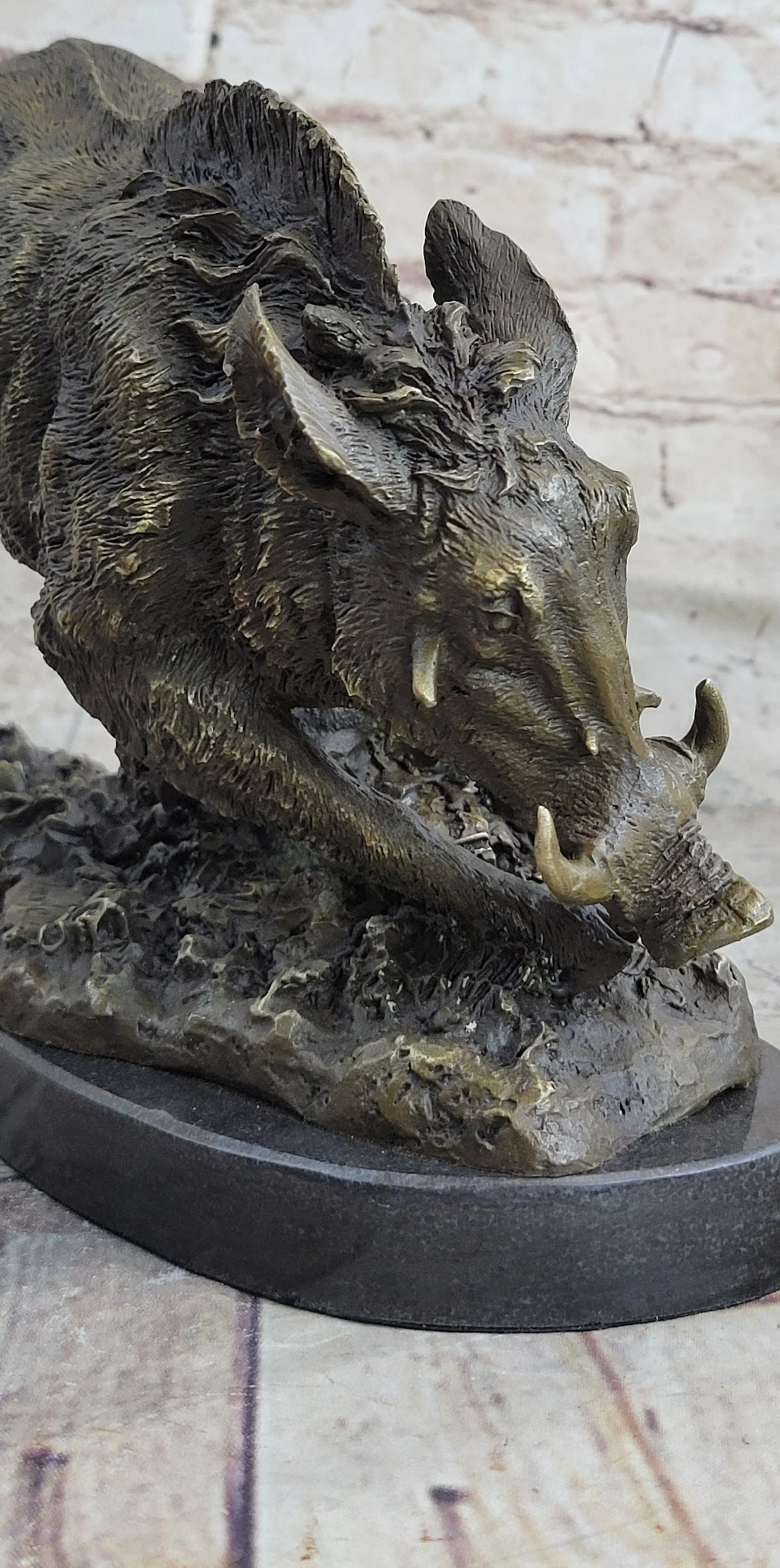 Wild Boar Feral Hog Pig Kicking Hind Legs Bronze Sculpture Statue Figure on Marble Base - Image 7