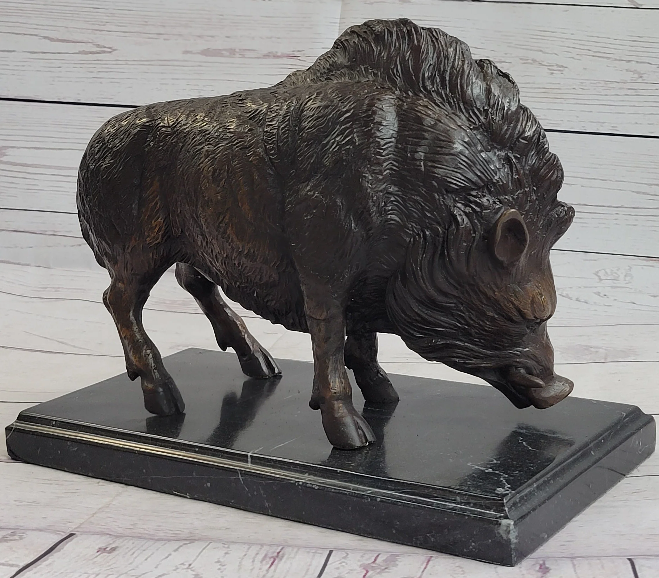 Wild Boar Pig Feral Hog Bronze Statue Sculpture Figure on Marble Base J. Moigniez - Image 3