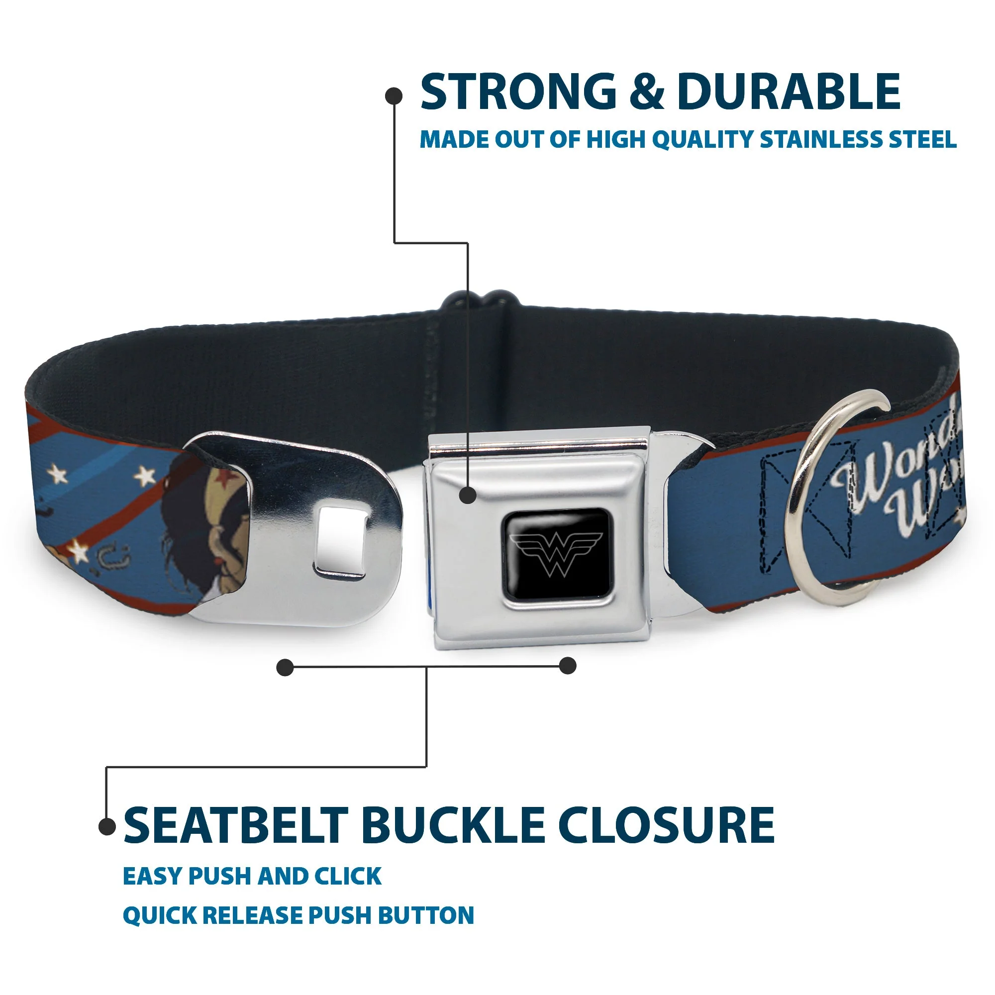 Wonder Woman Logo Black/Silver Seatbelt Buckle Collar - WONDER WOMAN/Bombshell Pose Blue/Red/White - Image 4