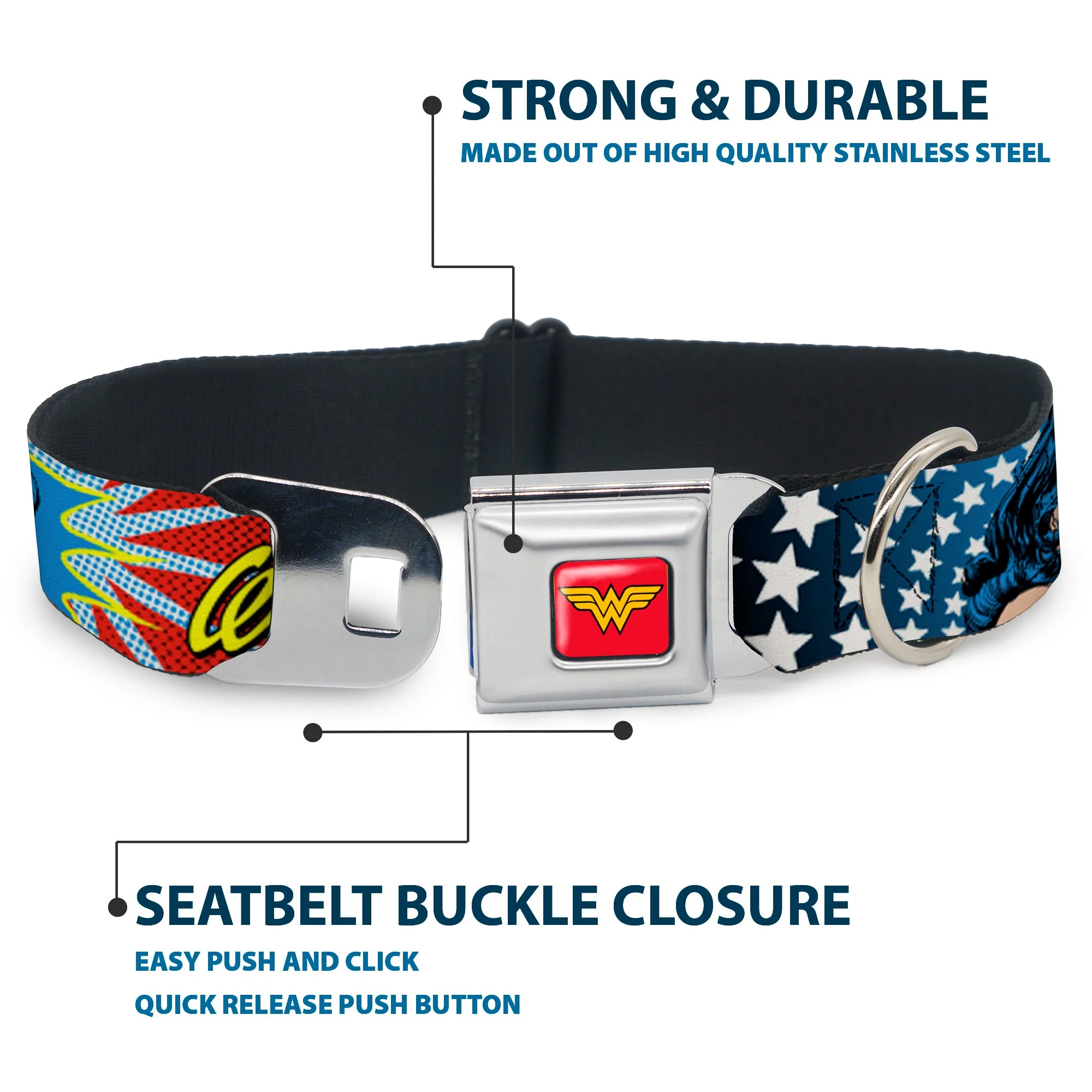 Wonder Woman Logo Full Color Red Seatbelt Buckle Collar - Wonder Woman Face w/Stars - Image 4