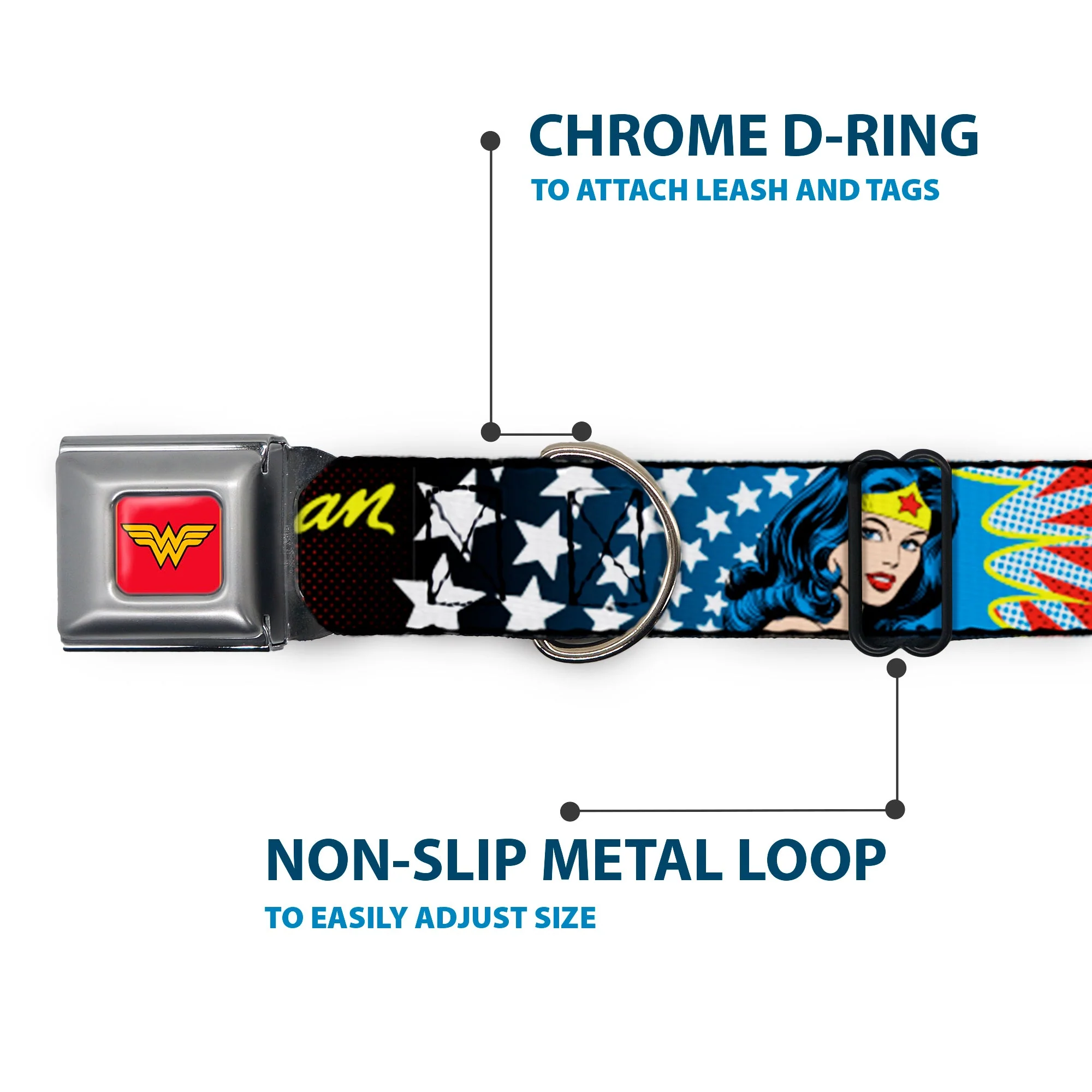 Wonder Woman Logo Full Color Red Seatbelt Buckle Collar - Wonder Woman Face w/Stars - Image 5