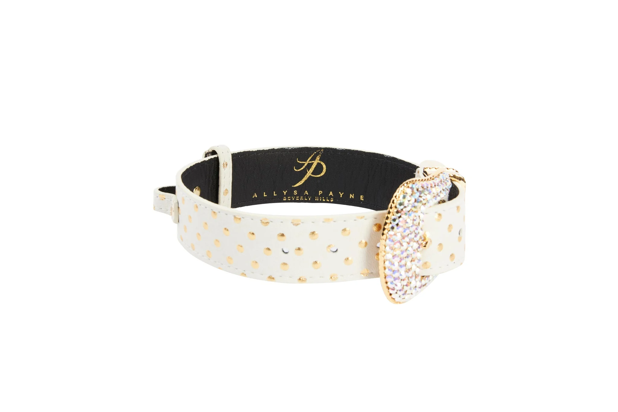XL White and Gold Polka Dot Italian Leather/Swarovski Crystal Hardware Collar - Image 3
