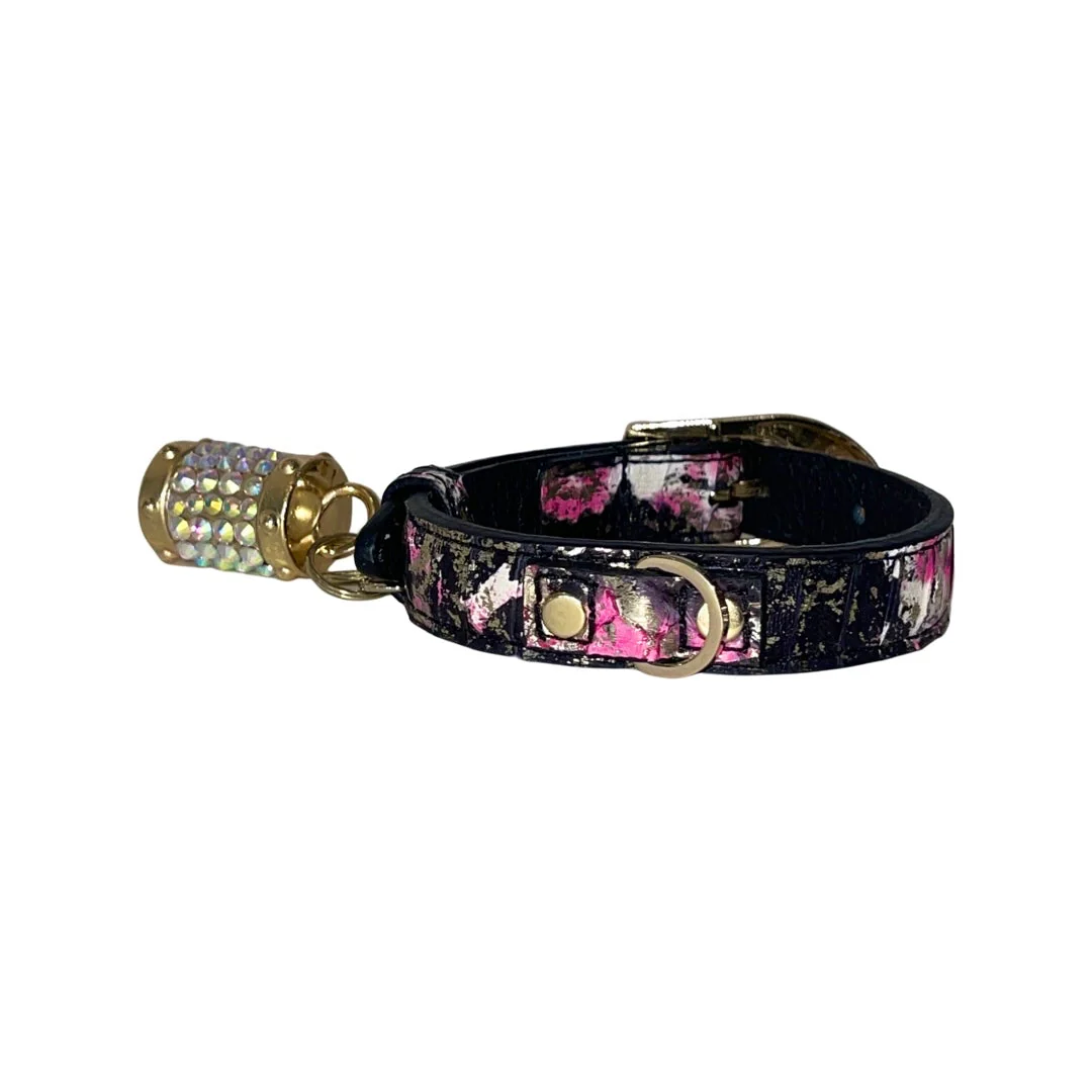 XS 7”-14” Black/Pink/Gold Custom Snake Collar/Custom Gold Italian Hardware. Including Swarovski Charm, and Pearl - Image 2